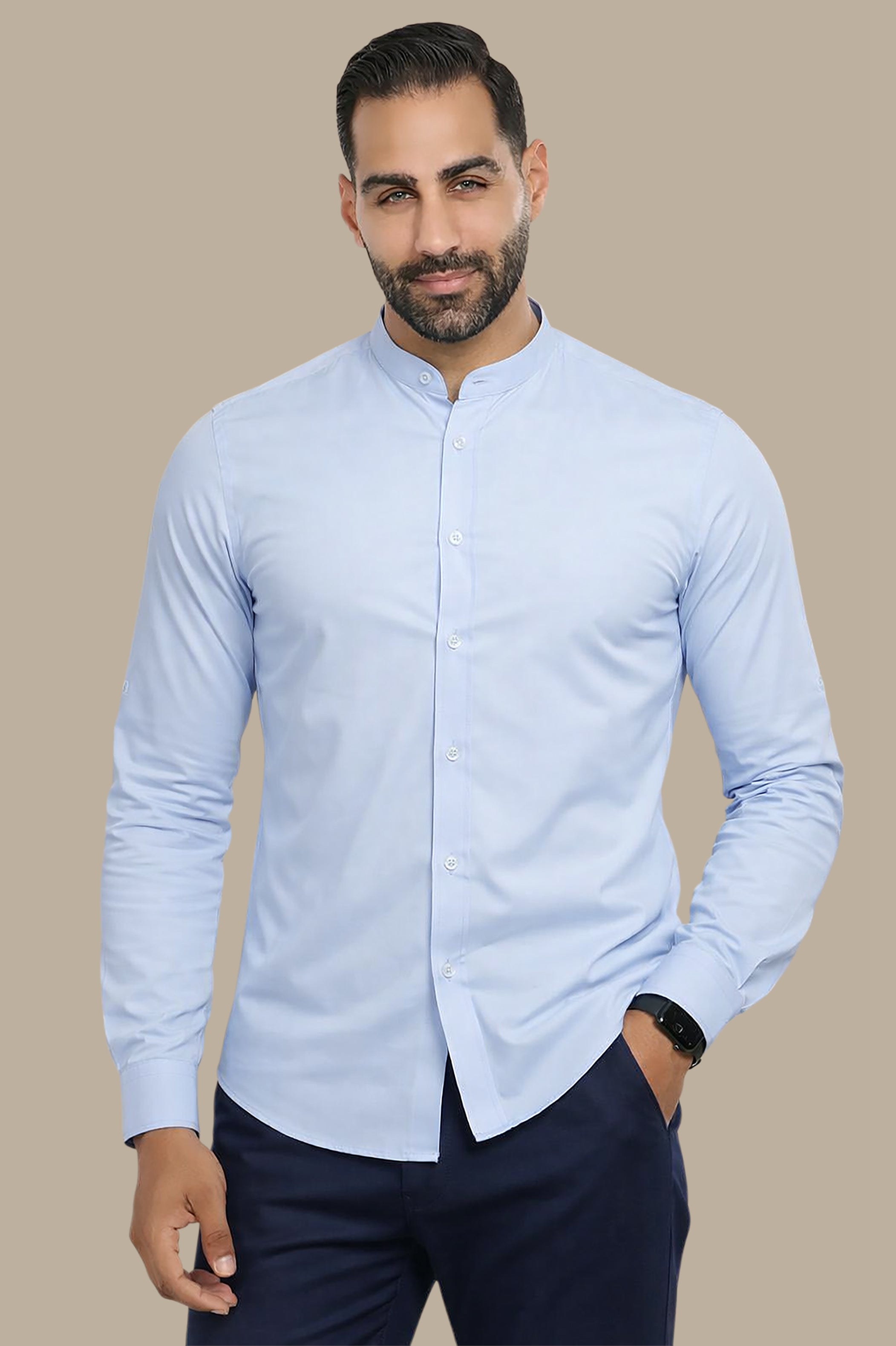 Light Blue Lycra Col Mao Casual Shirt