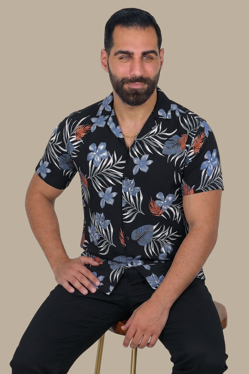 Black Hawaiian Shirt with Blue Leaves Print
