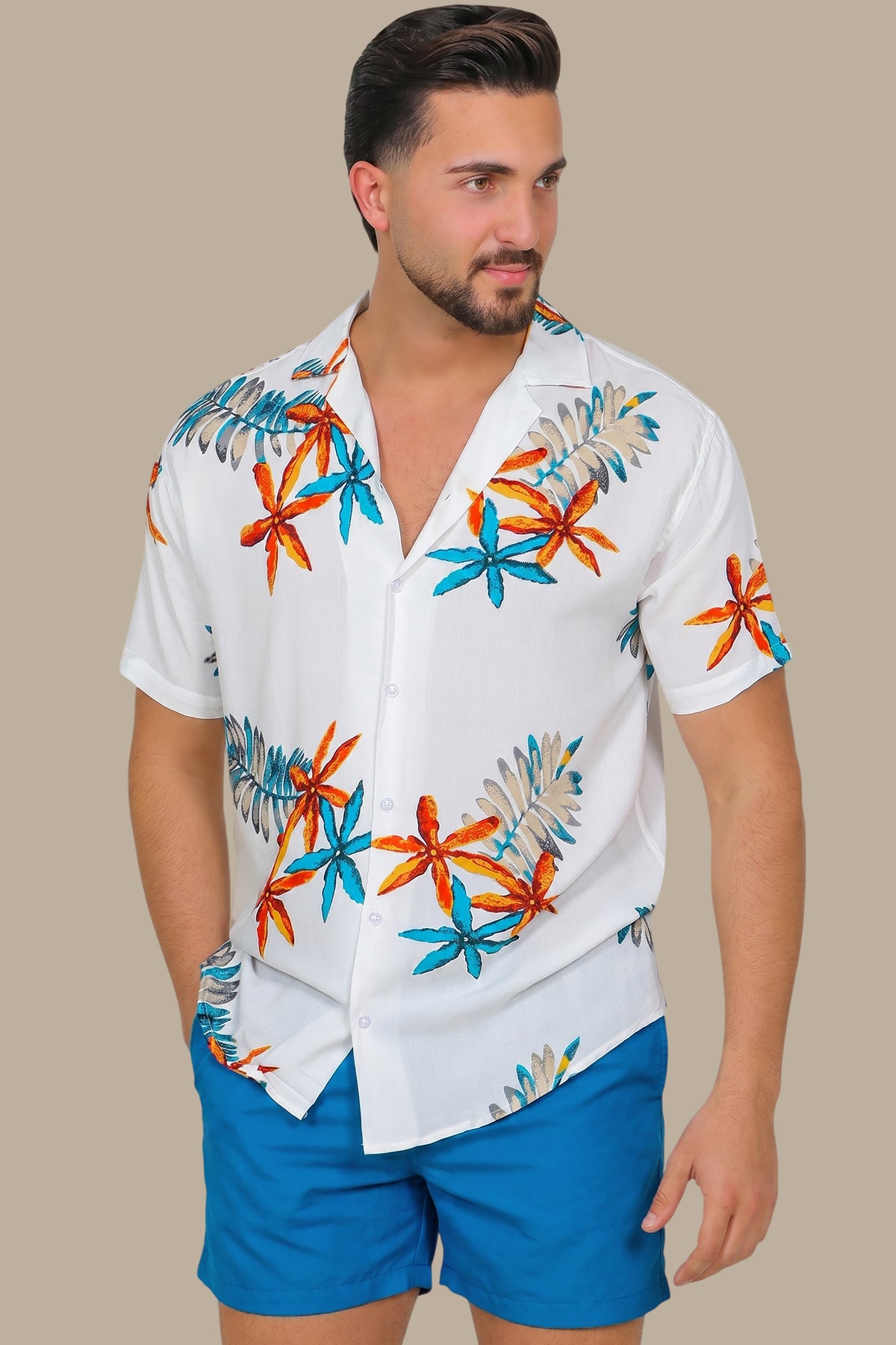 Starry Shores: White Hawaii Shirt with 3 Stars Print