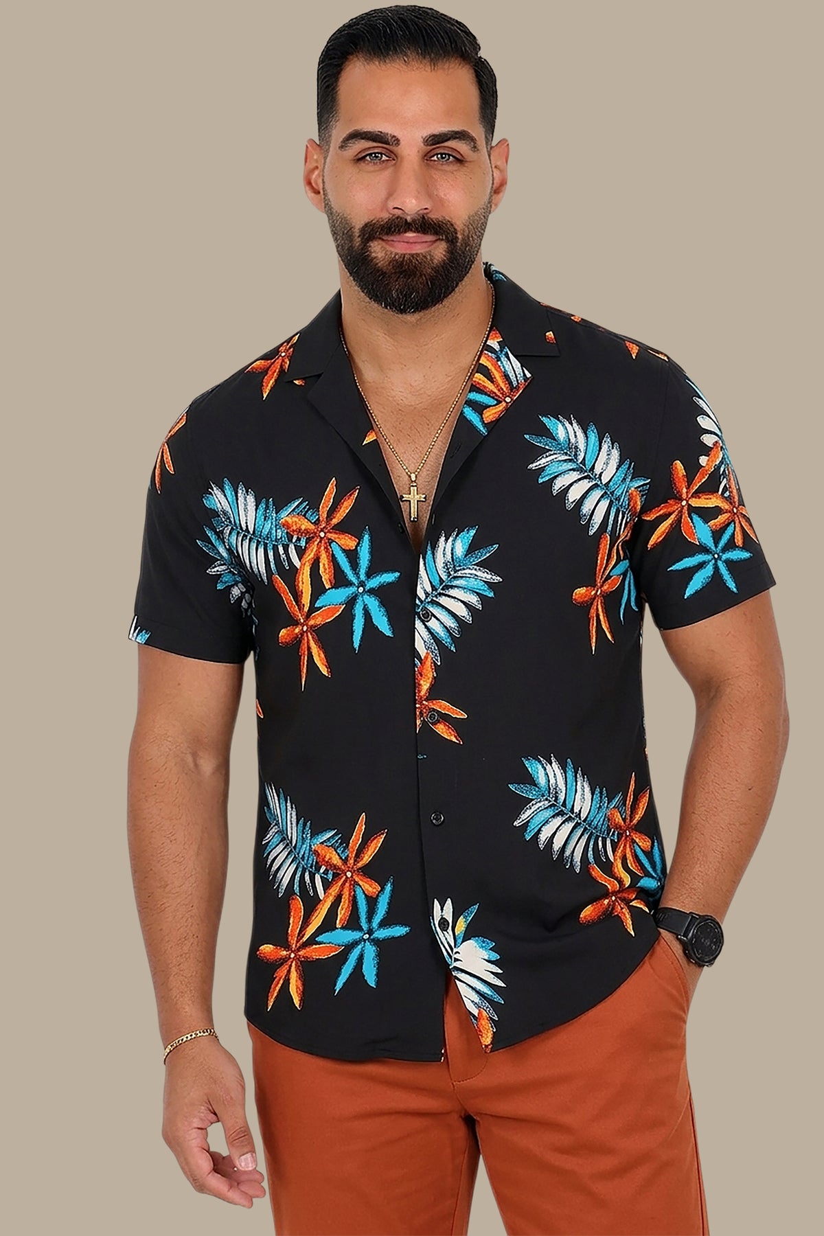 Island Nights: Black Hawaiian Shirt with Star Print