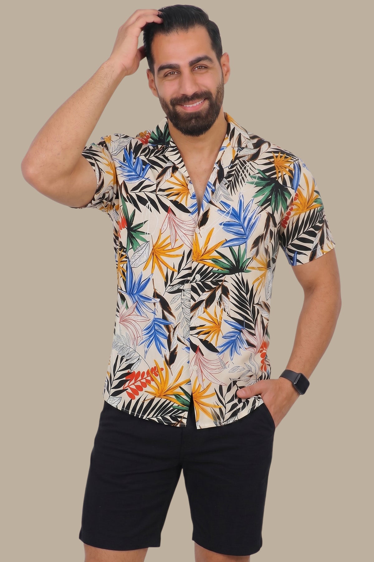 Beige Multi-Colored Leaf Print Hawaiian Shirt
