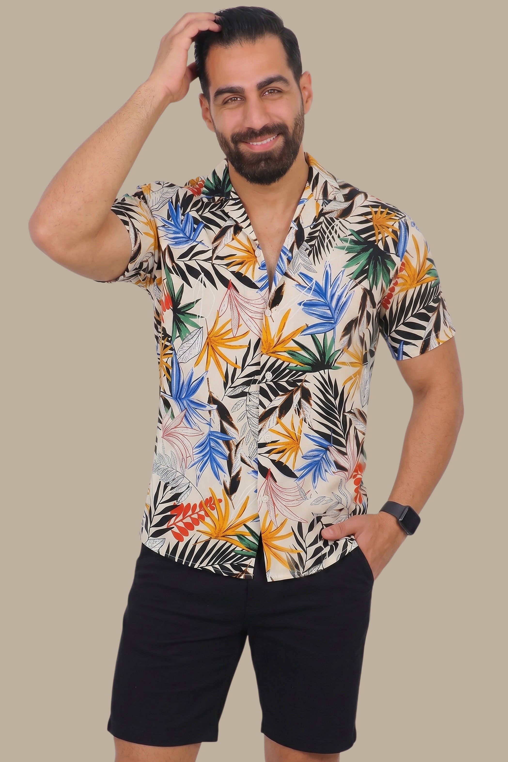 Beige Multi-Colored Leaf Print Hawaiian Shirt