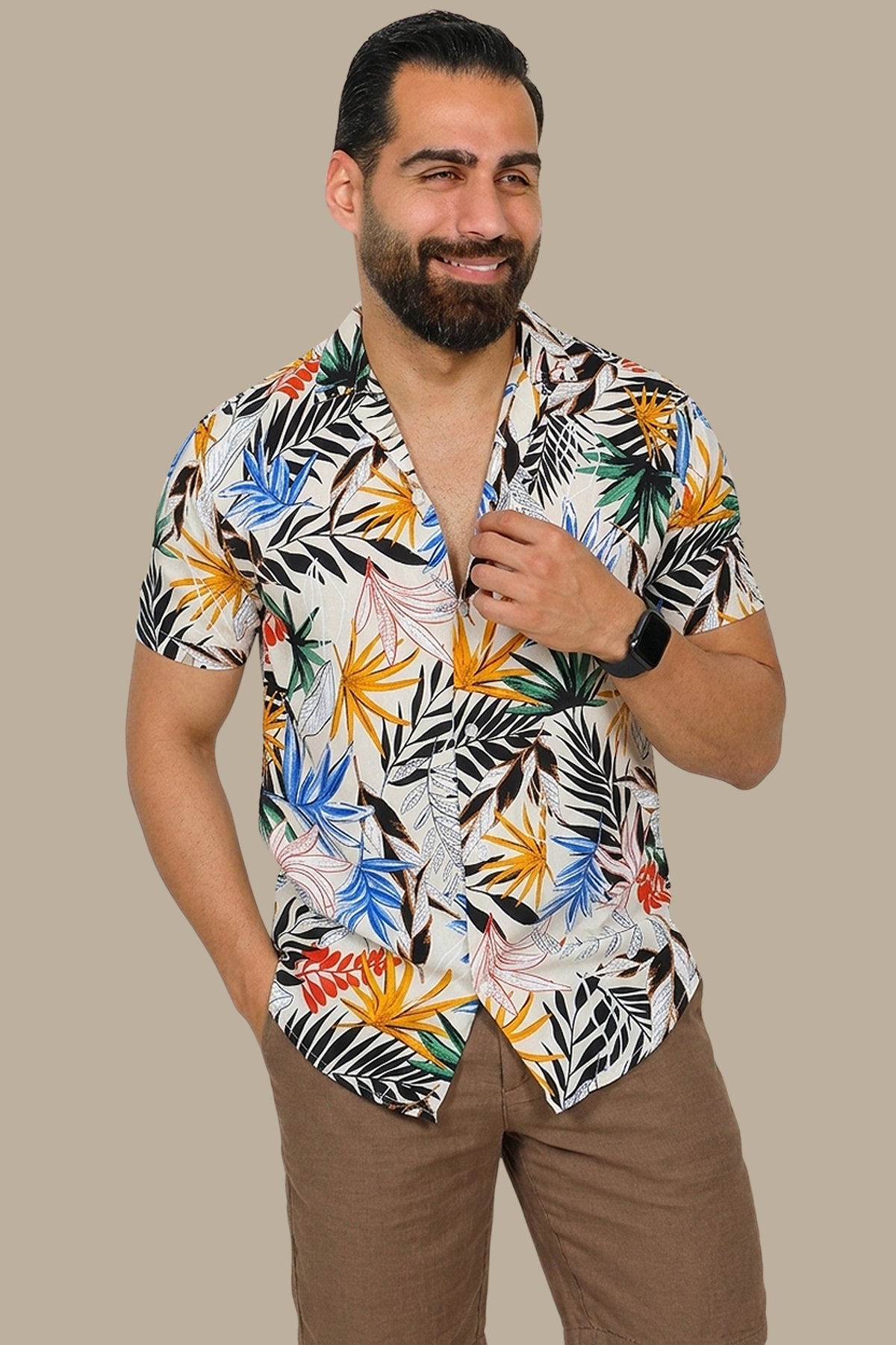 Beige Multi-Colored Leaf Print Hawaiian Shirt