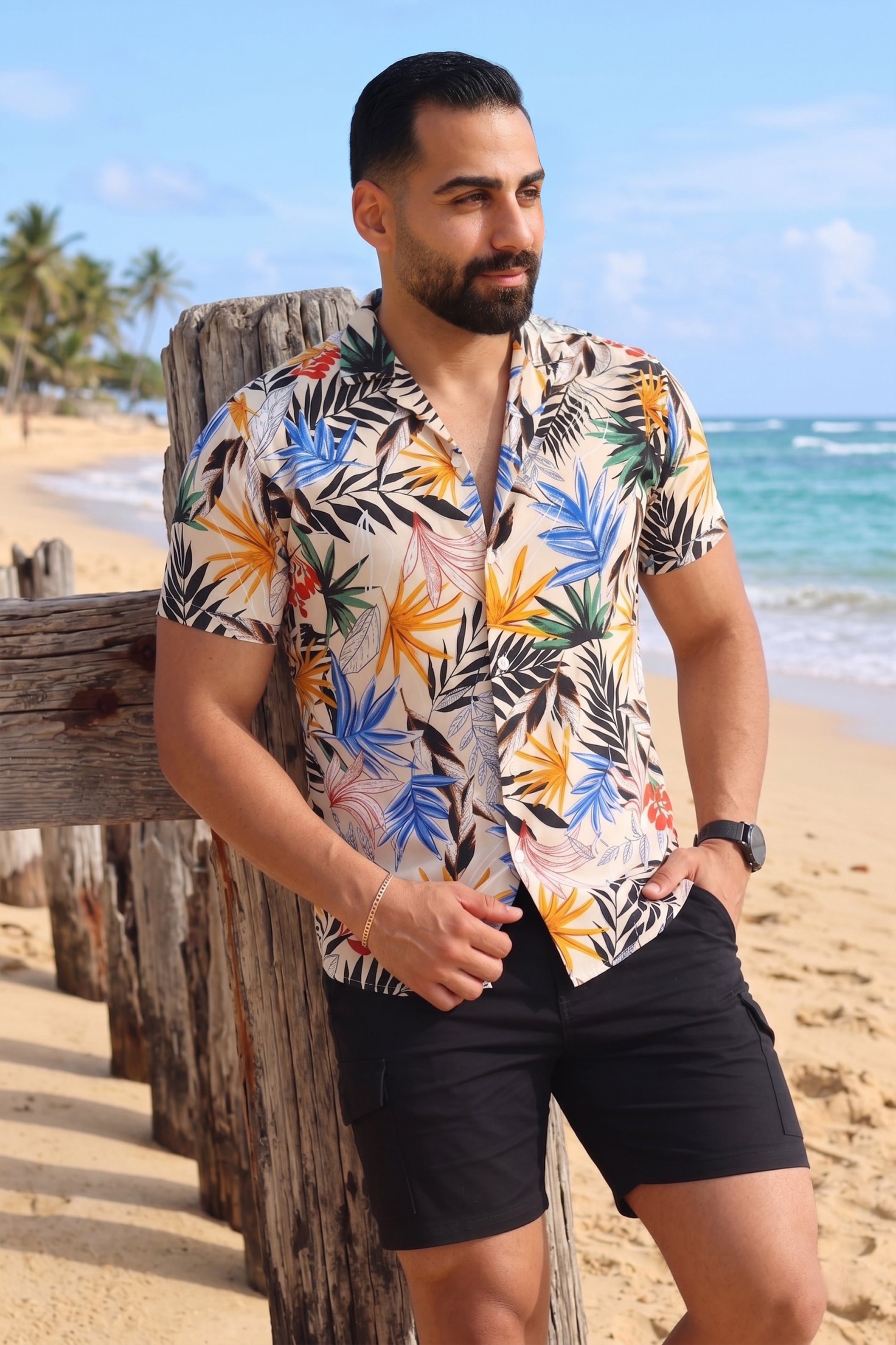 Beige Multi-Colored Leaf Print Hawaiian Shirt