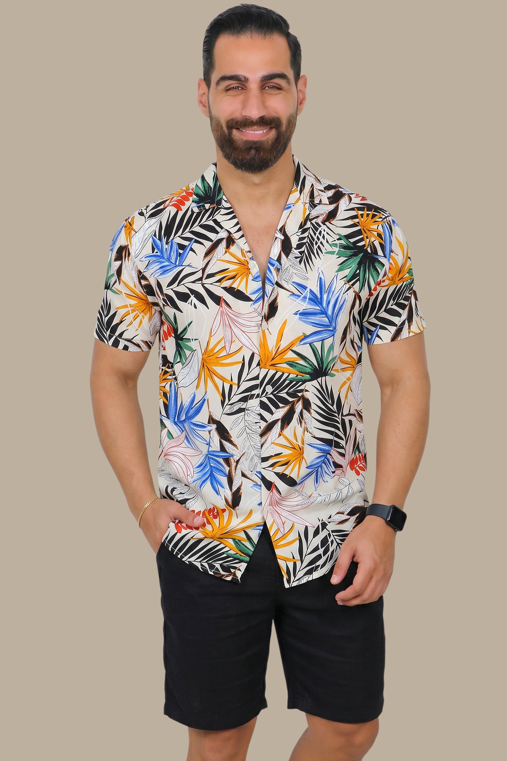 Beige Multi-Colored Leaf Print Hawaiian Shirt