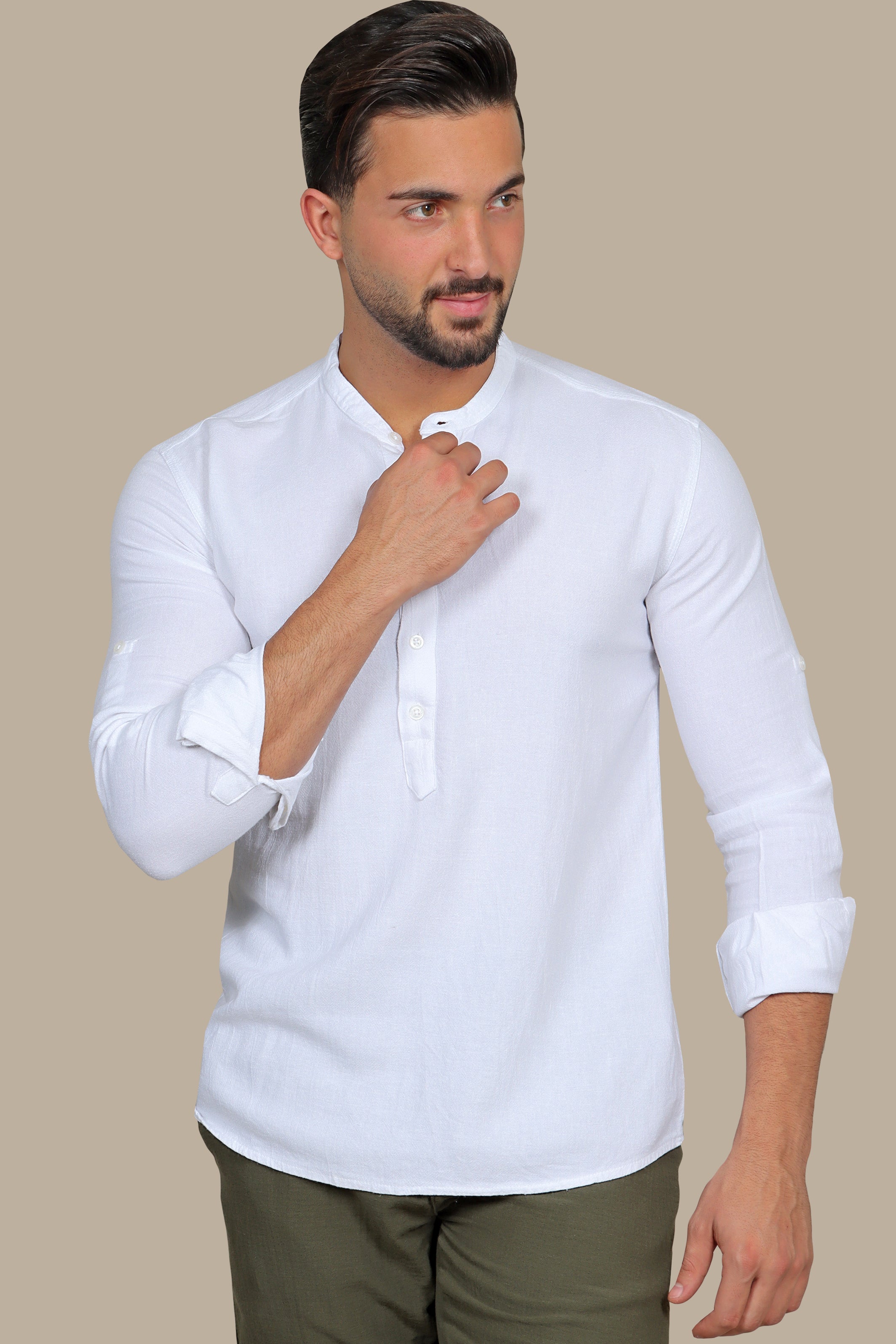 White Linen Shirt with Mandarin Collar