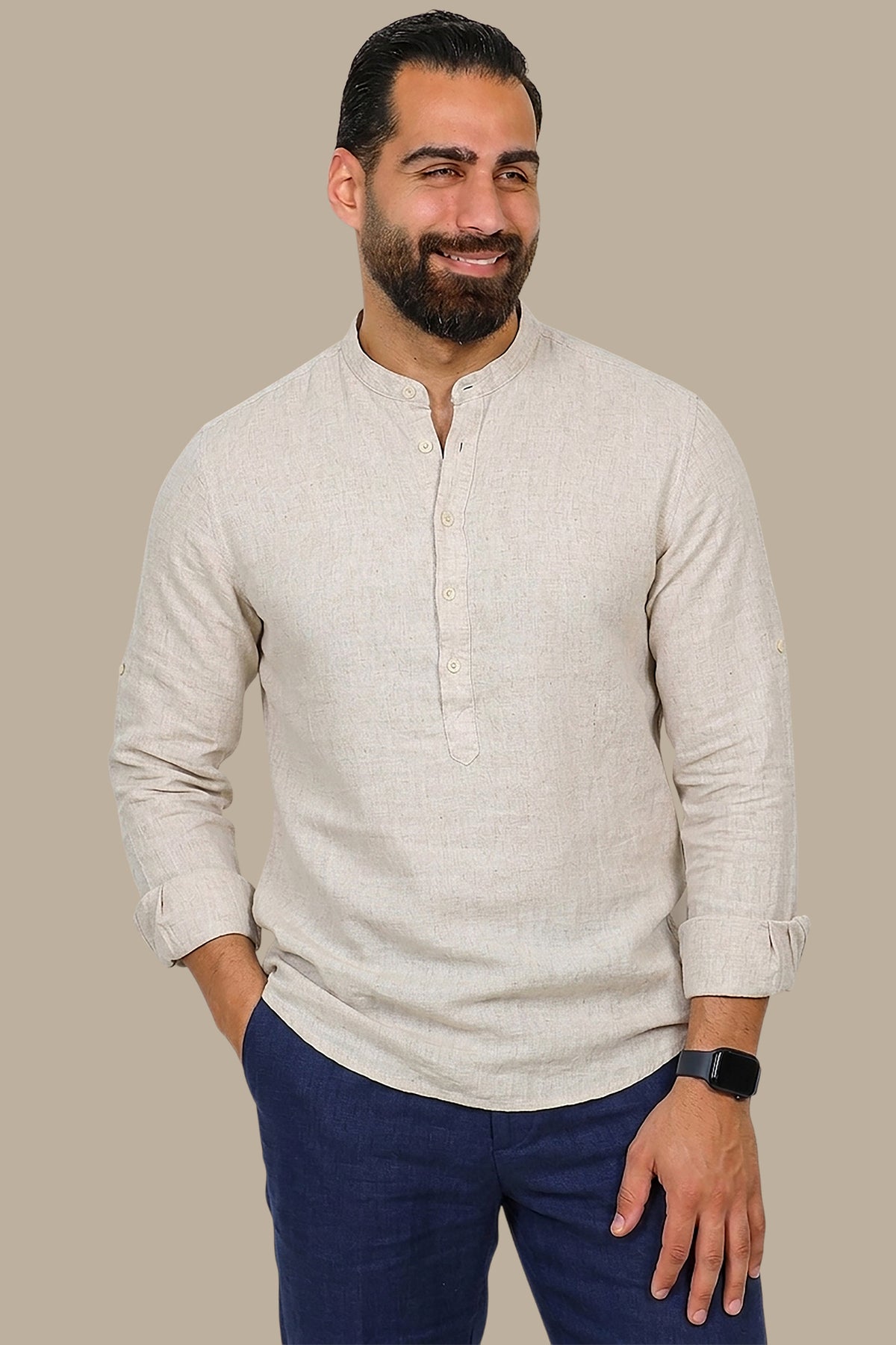 Beige Bliss: Linen Long Sleeve Shirt with Mandarin Collar