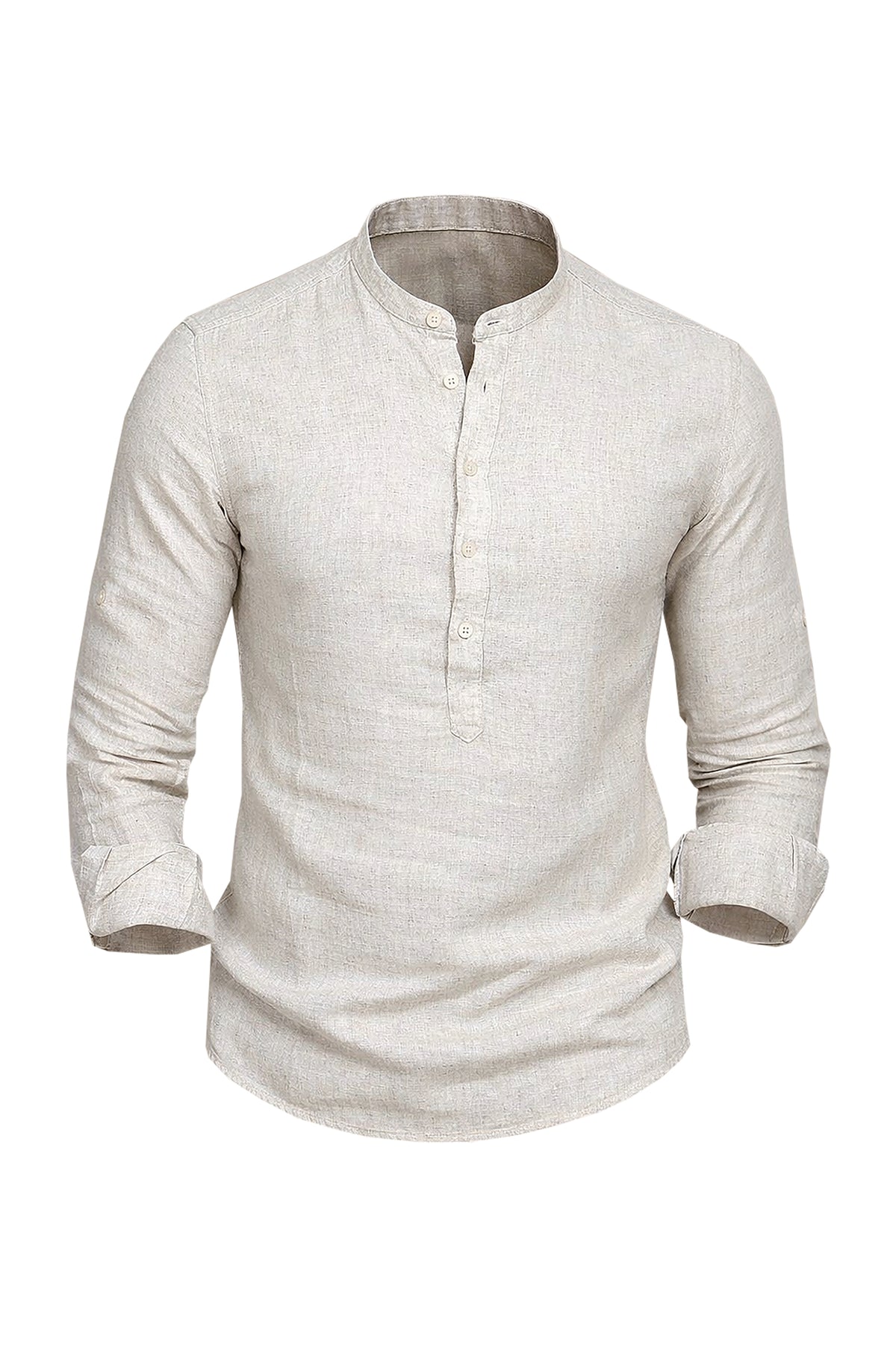 Beige Bliss: Linen Long Sleeve Shirt with Mandarin Collar