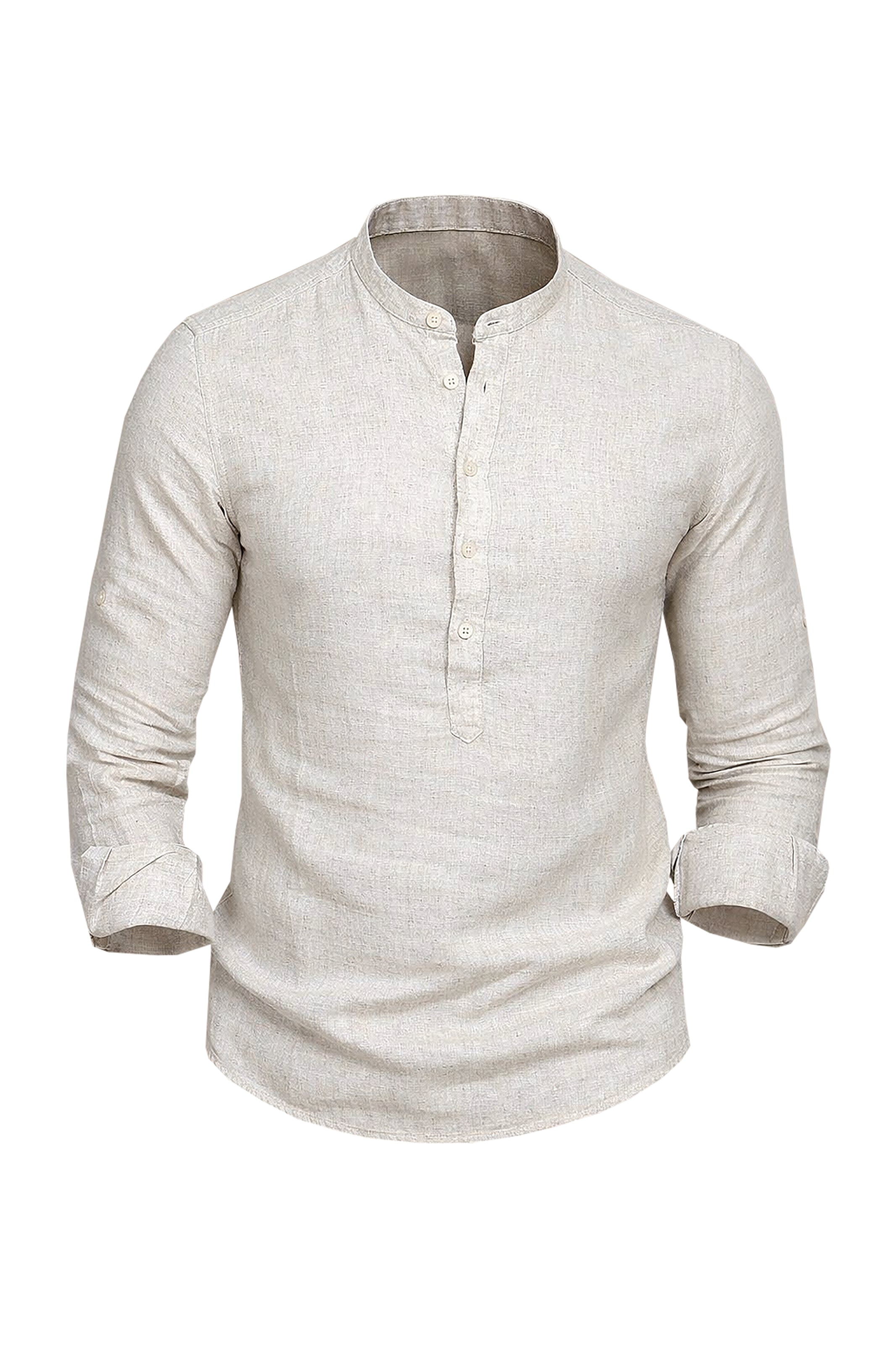 Beige Bliss: Linen Long Sleeve Shirt with Mandarin Collar