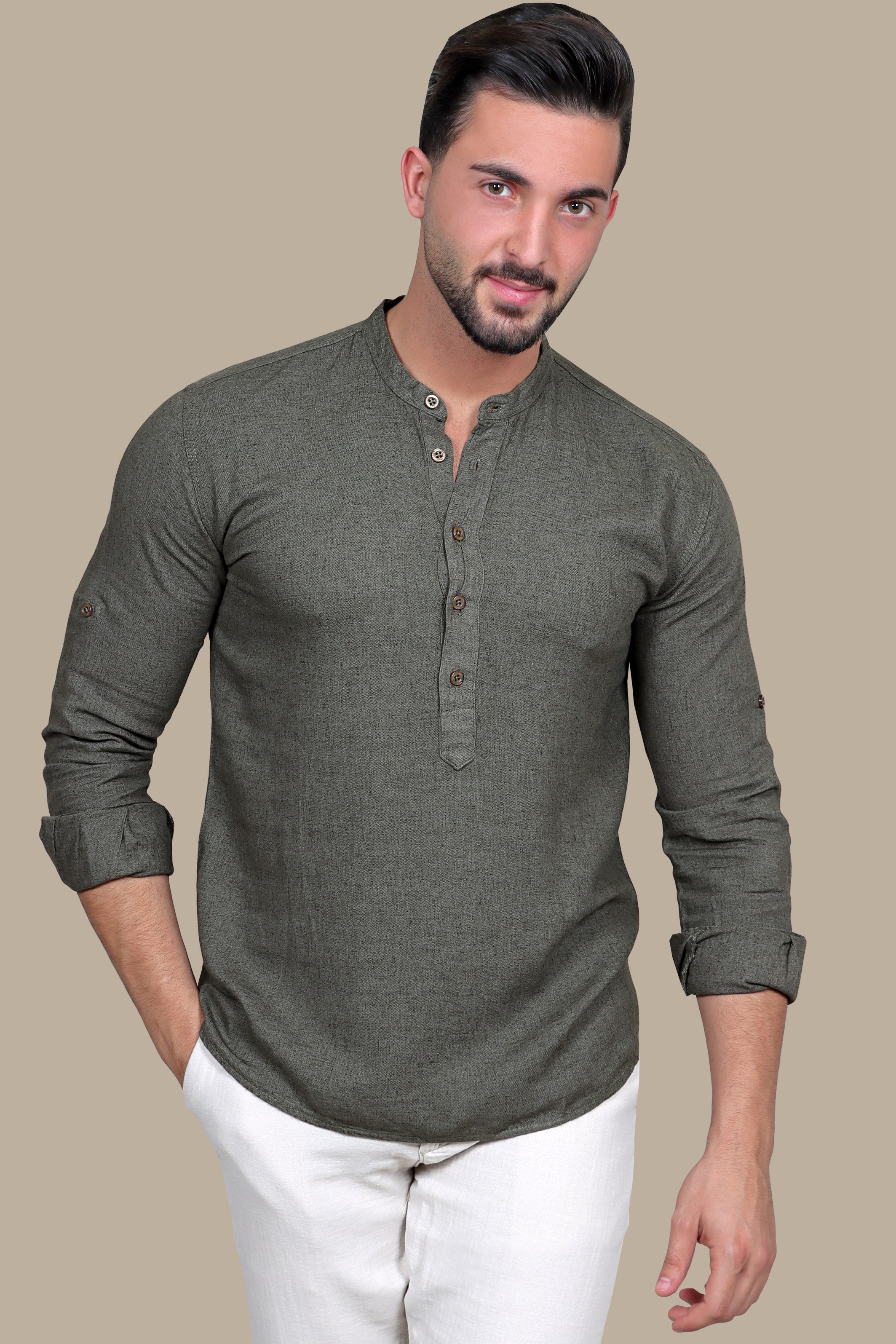 Khaki Linen Mao Collar Shirt