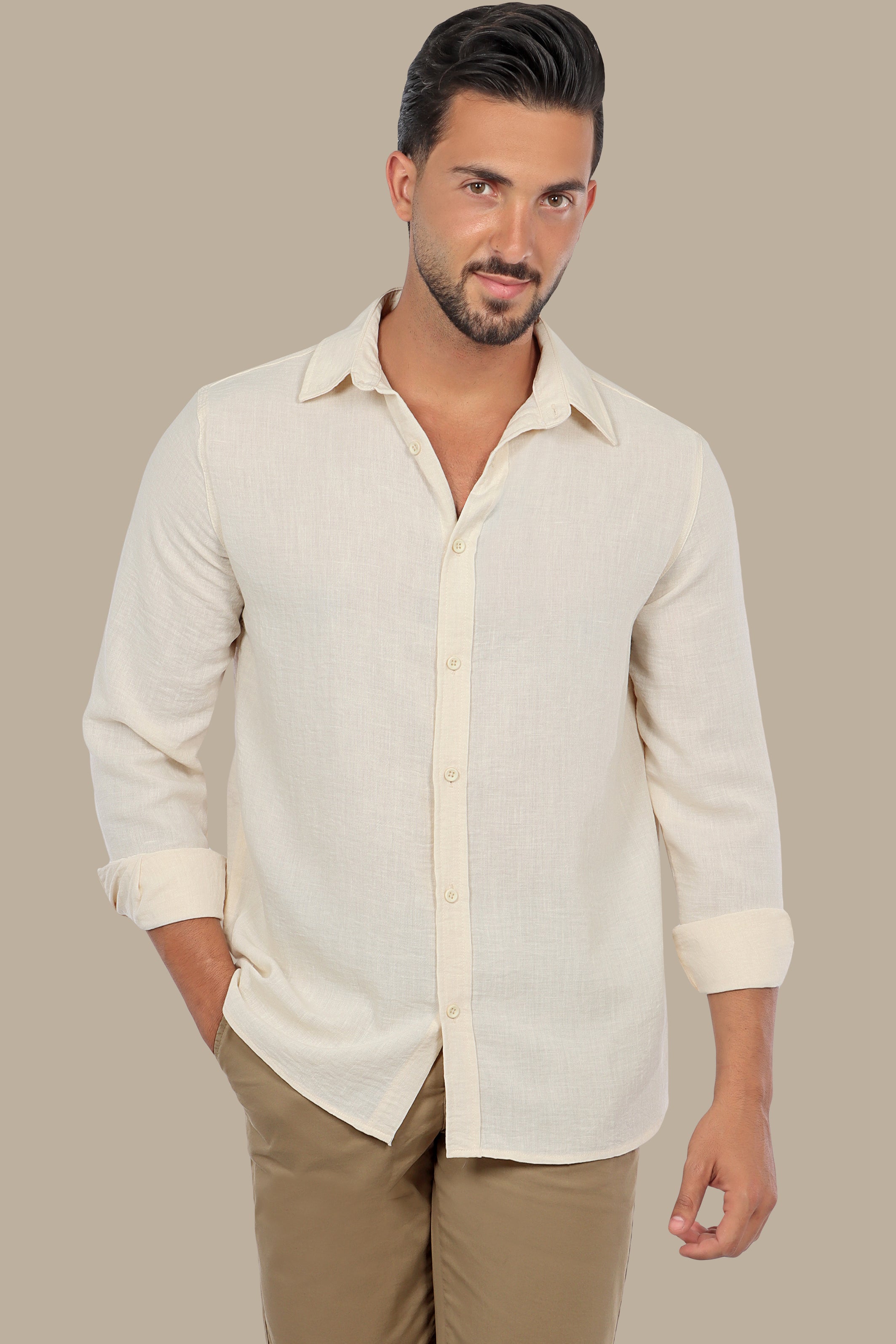 Timeless Comfort: Beige Linen Long Sleeve Shirt