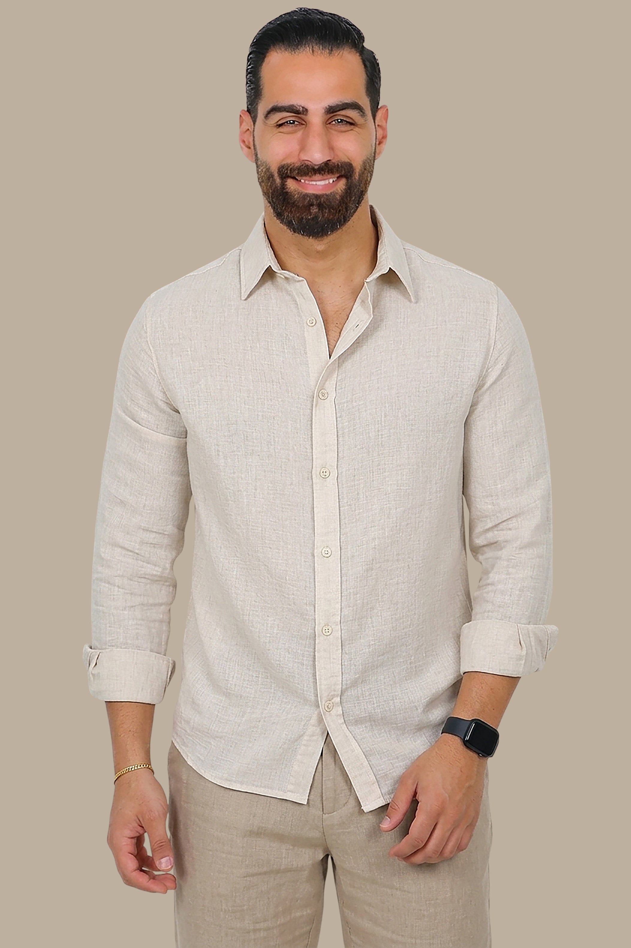 Timeless Comfort: Beige Linen Long Sleeve Shirt