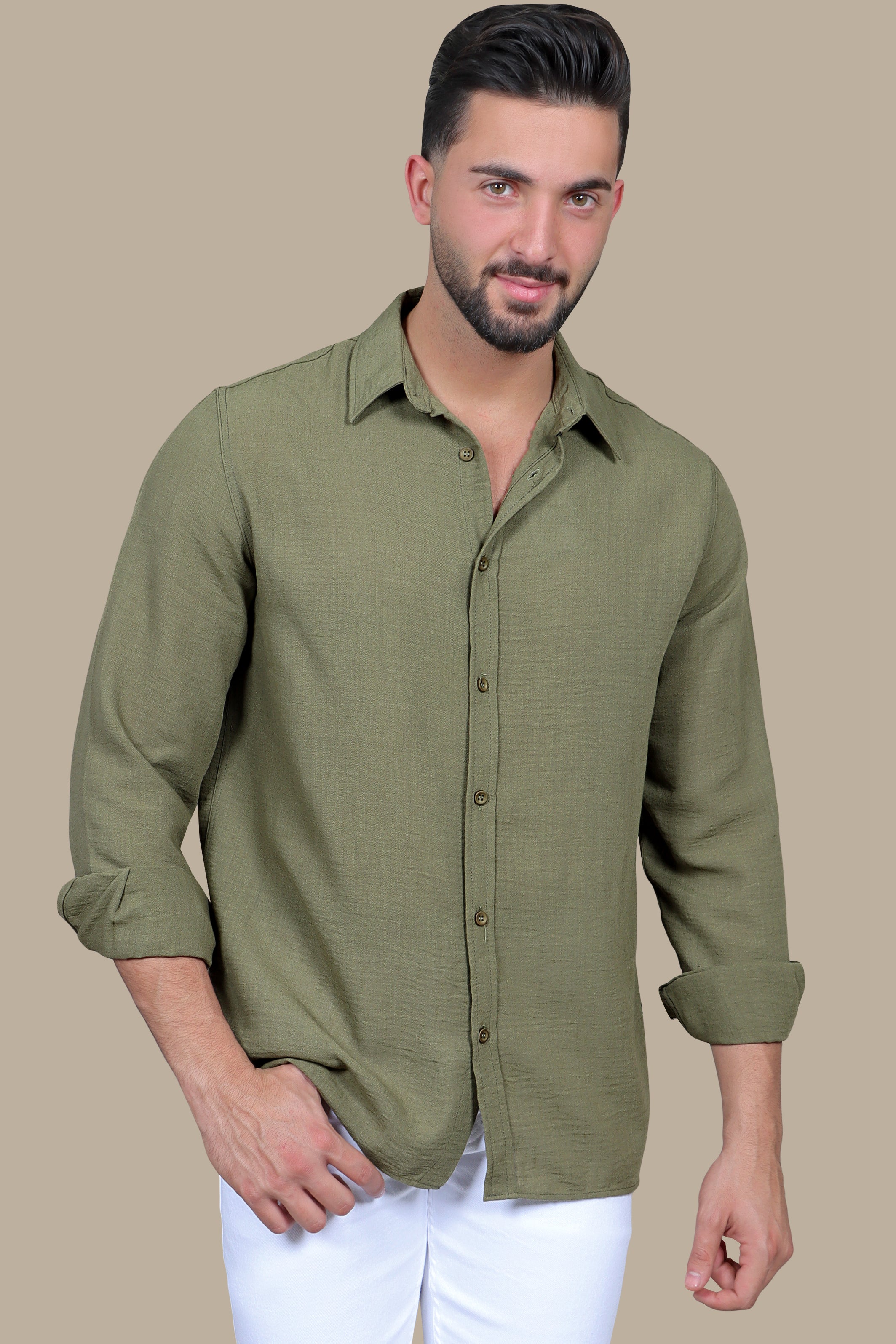 Olive Oasis: Long Sleeve Plain Linen Shirt