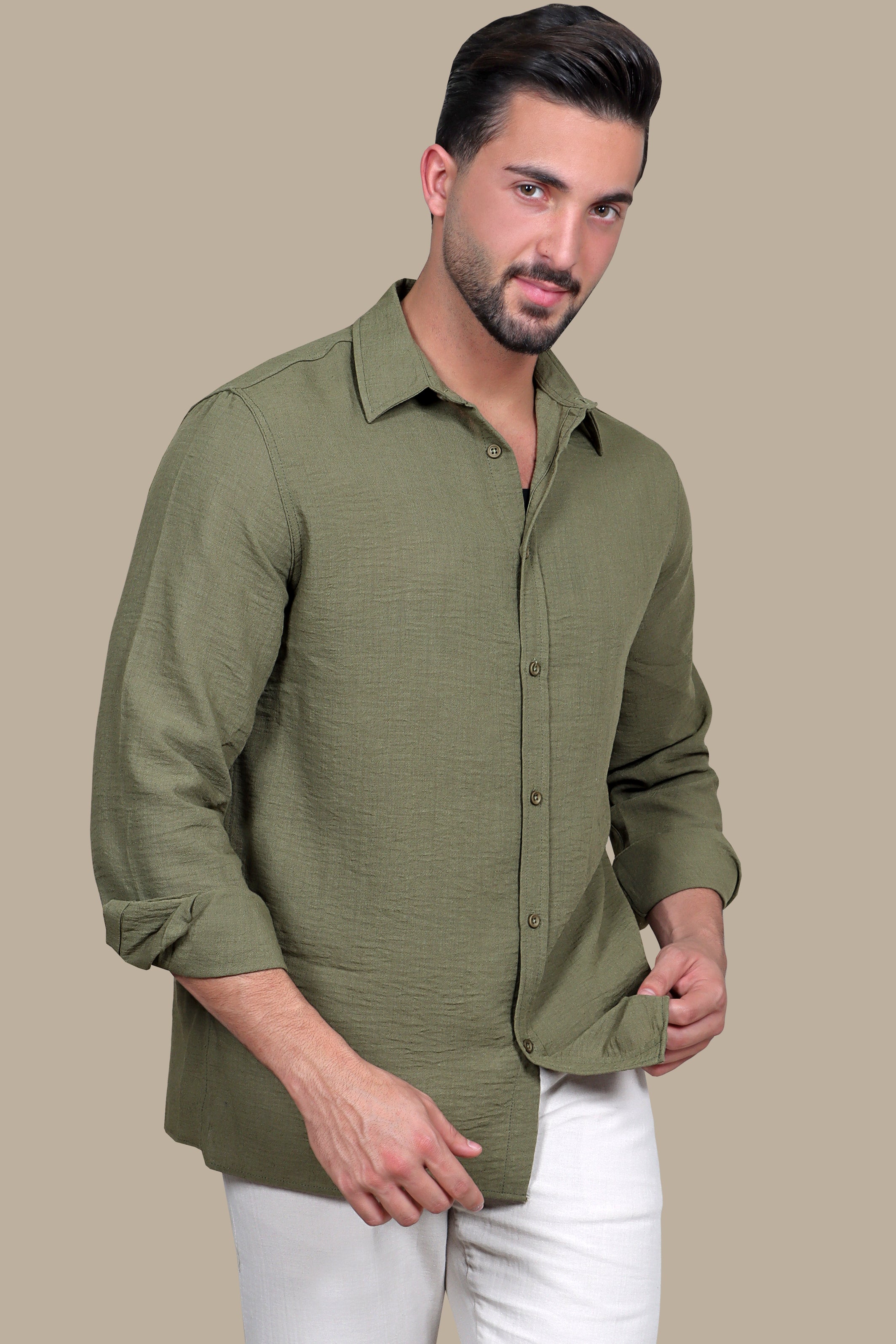 Olive Oasis: Long Sleeve Plain Linen Shirt