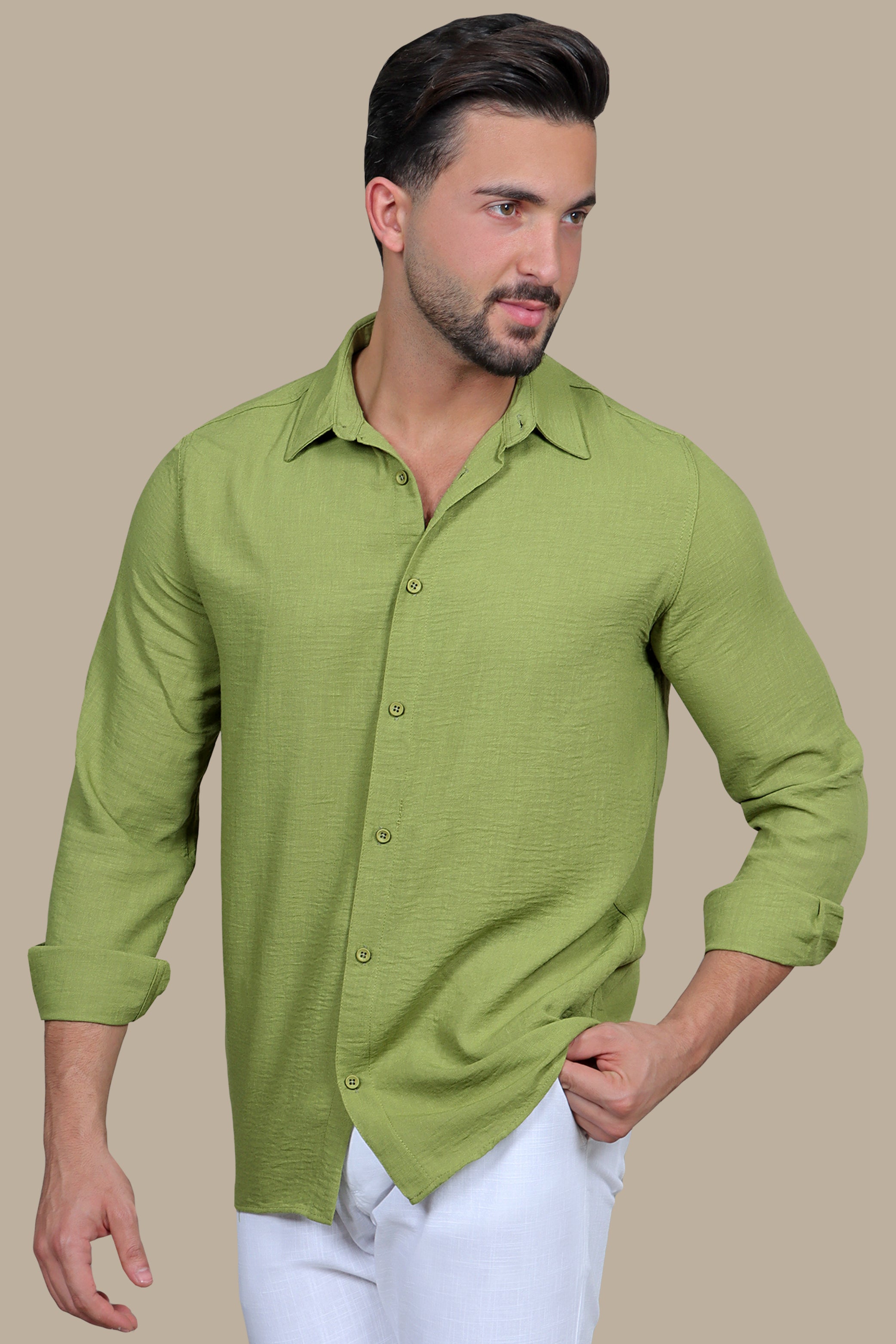 Pistachio Perfection: Linen Long Sleeve Shirt