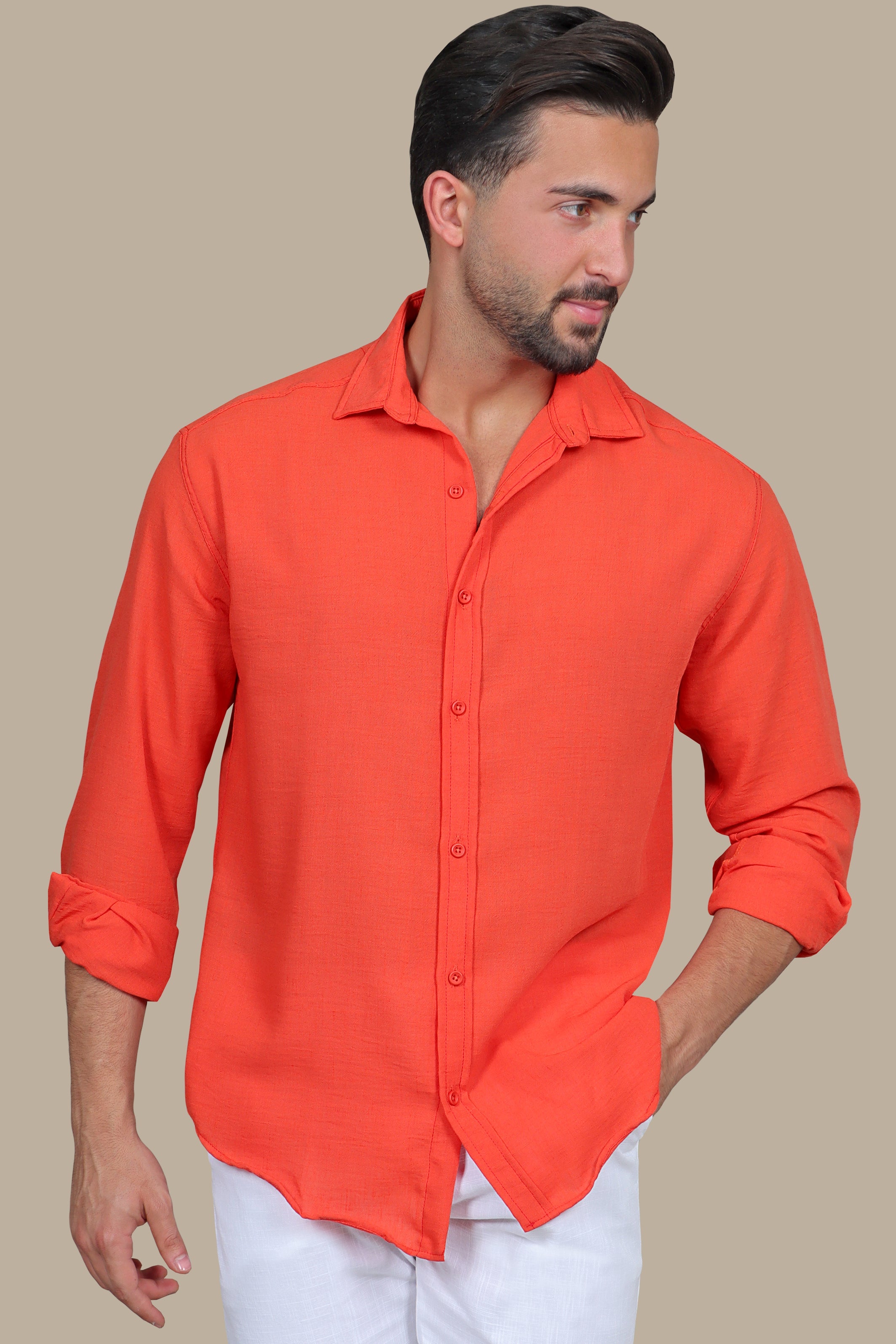 Coral Comfort: Long Sleeve Plain Linen Shirt