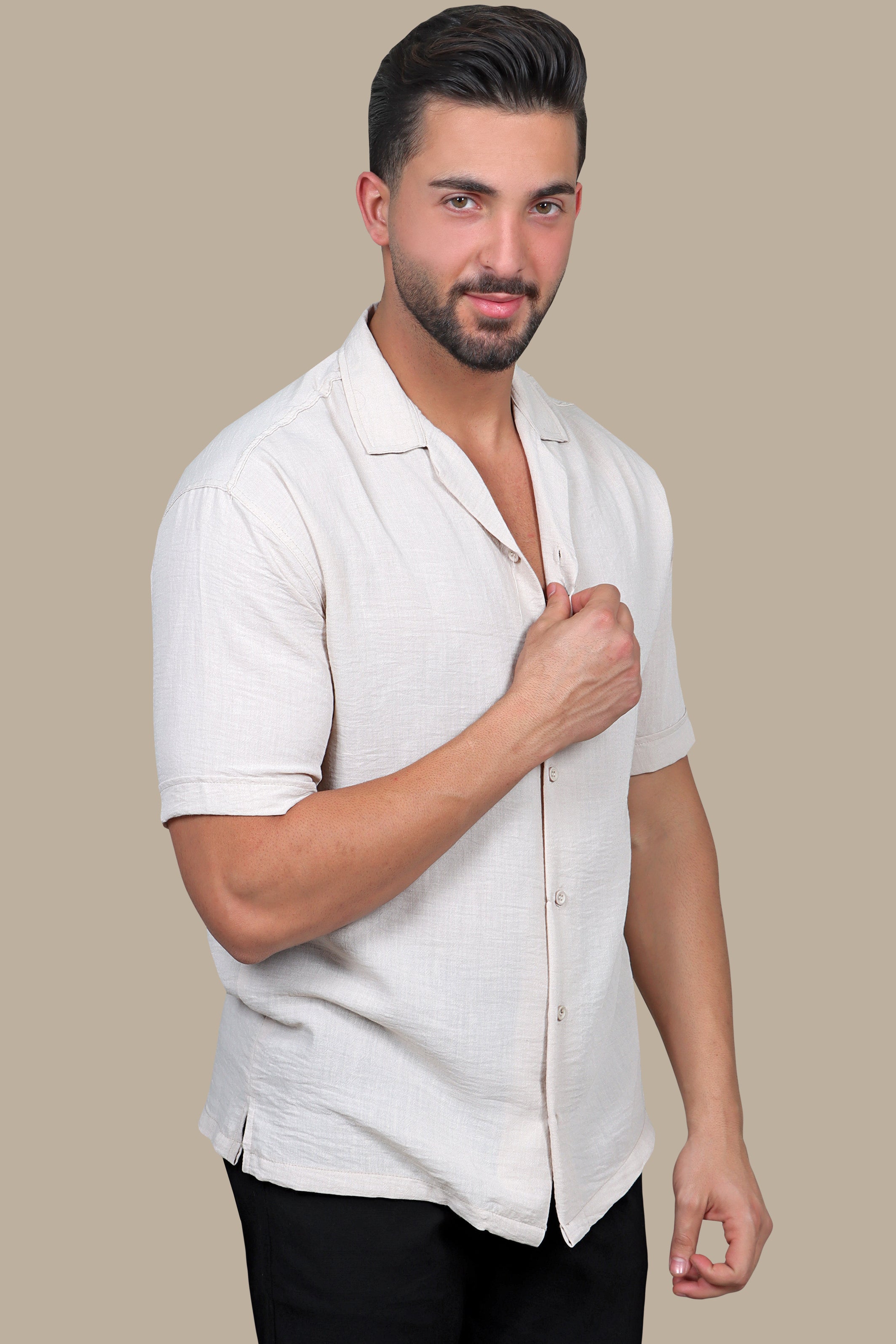 Simplicity in Sand: Beige Linen Short Sleeve Shirt