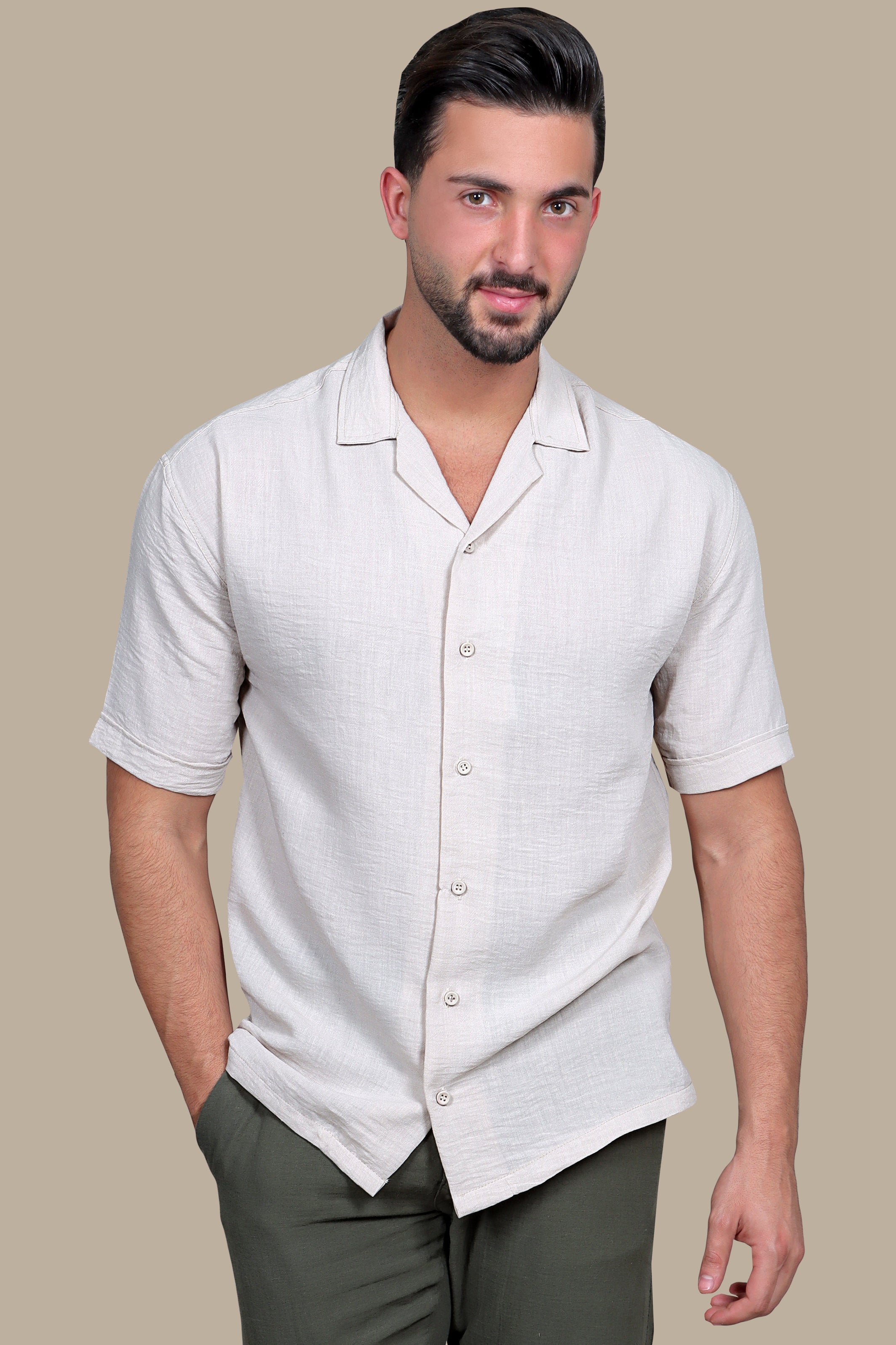 Simplicity in Sand: Beige Linen Short Sleeve Shirt