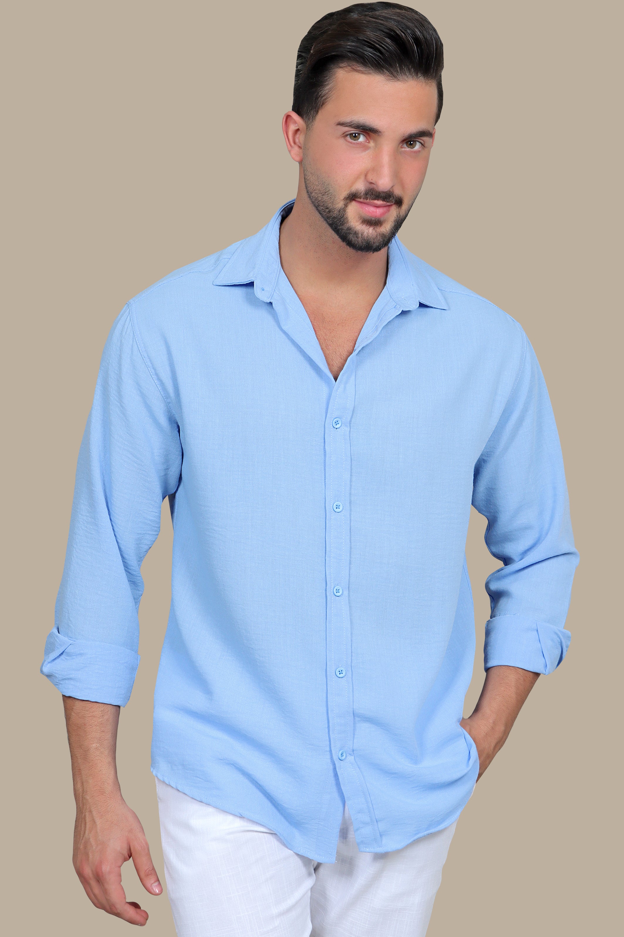 Sky Blue Linen Breeze: Short Sleeve Plain Shirt