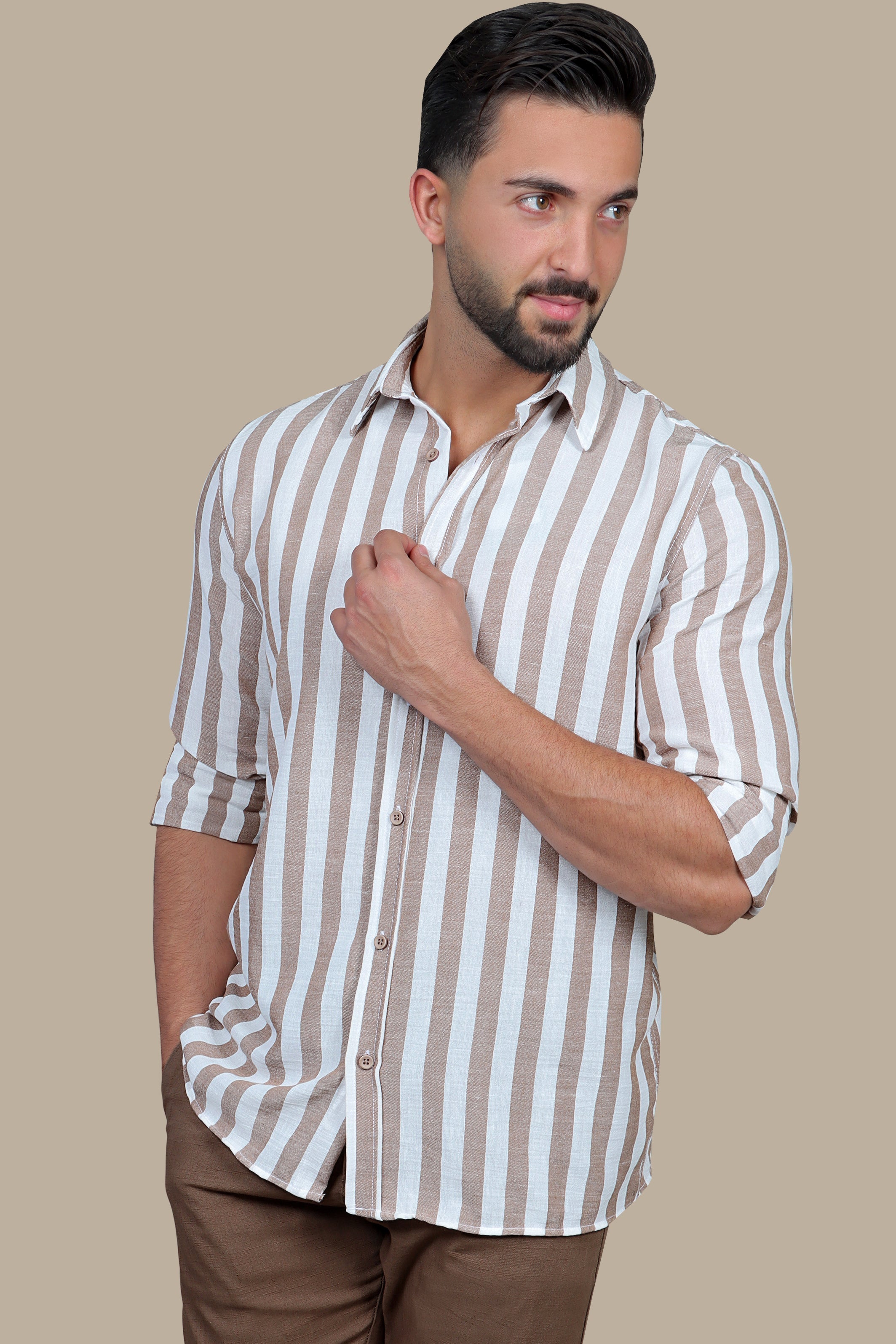 Striped Serenity: The Beige Linen Shirt