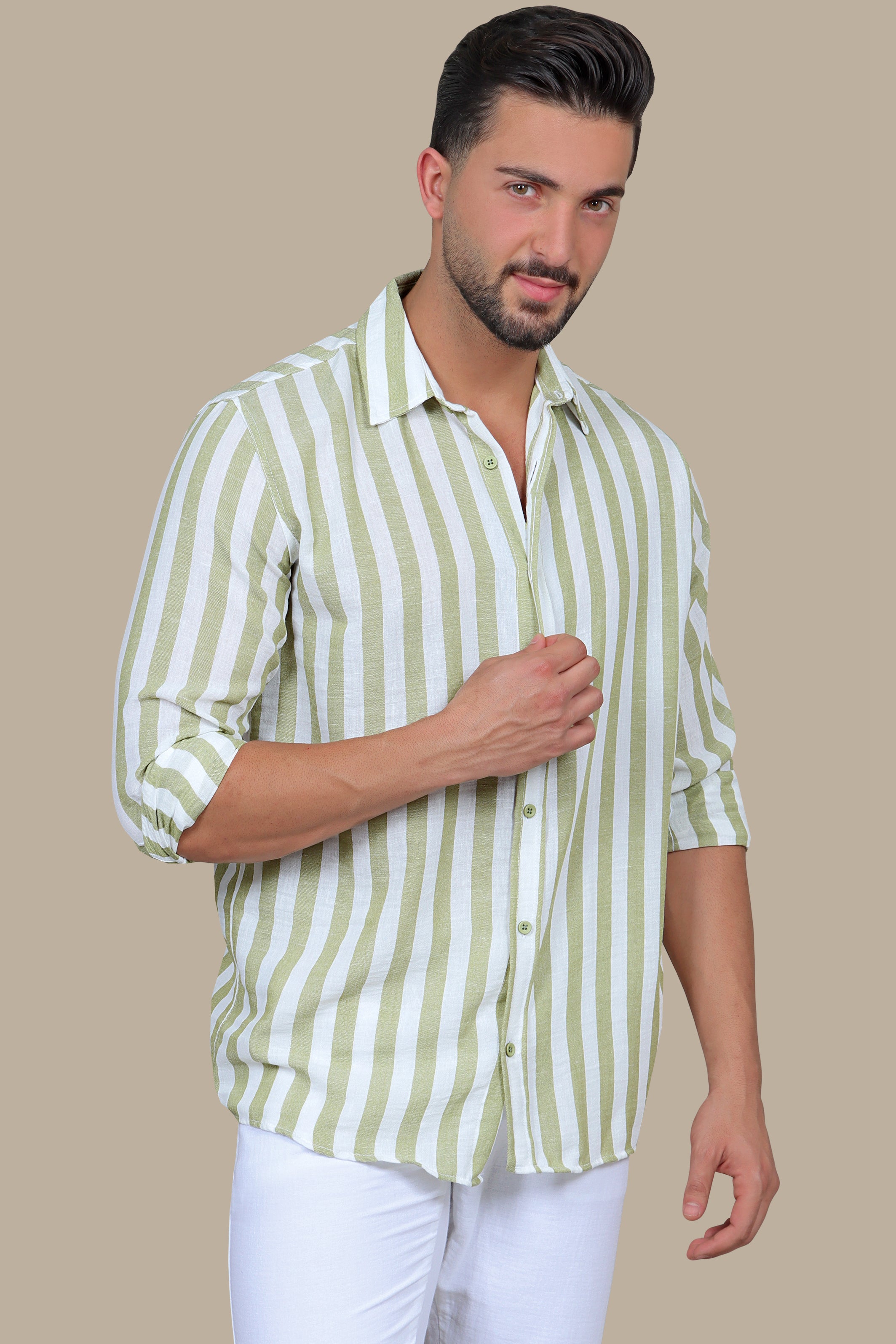 Olive Oasis: Stylish Striped Linen Shirt