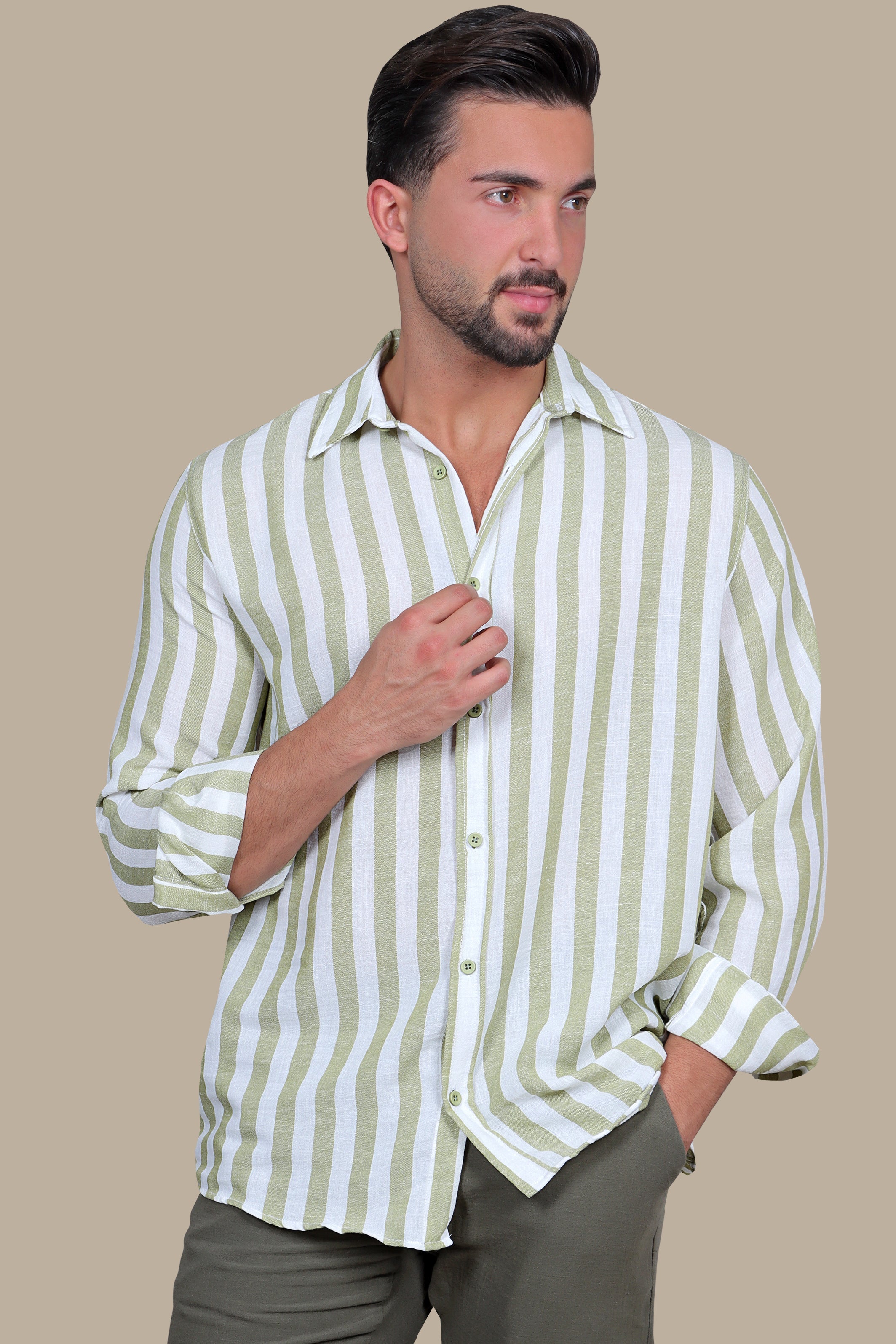 Olive Oasis: Stylish Striped Linen Shirt