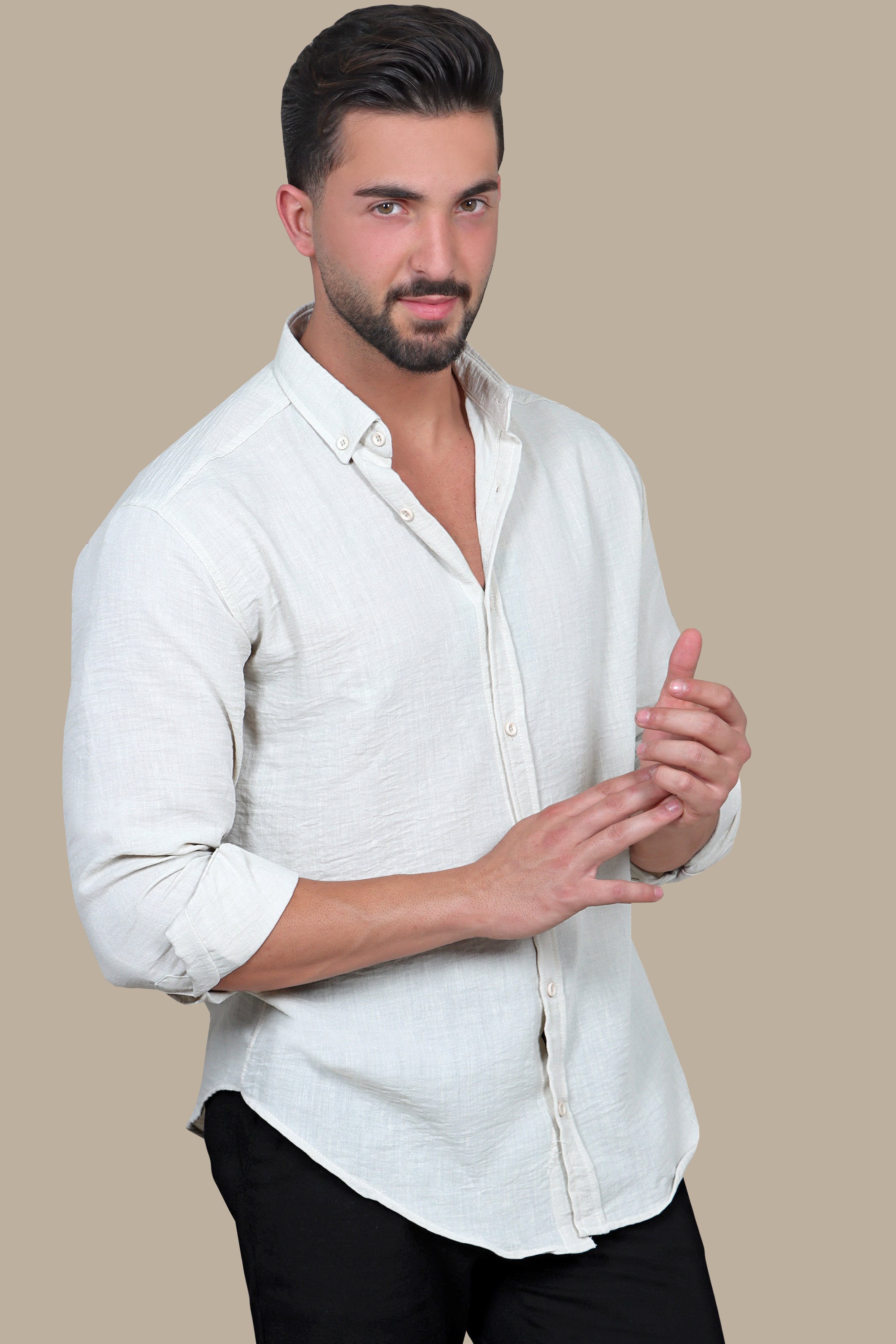 Timeless Elegance: Beige Linen Long Sleeve Button Down