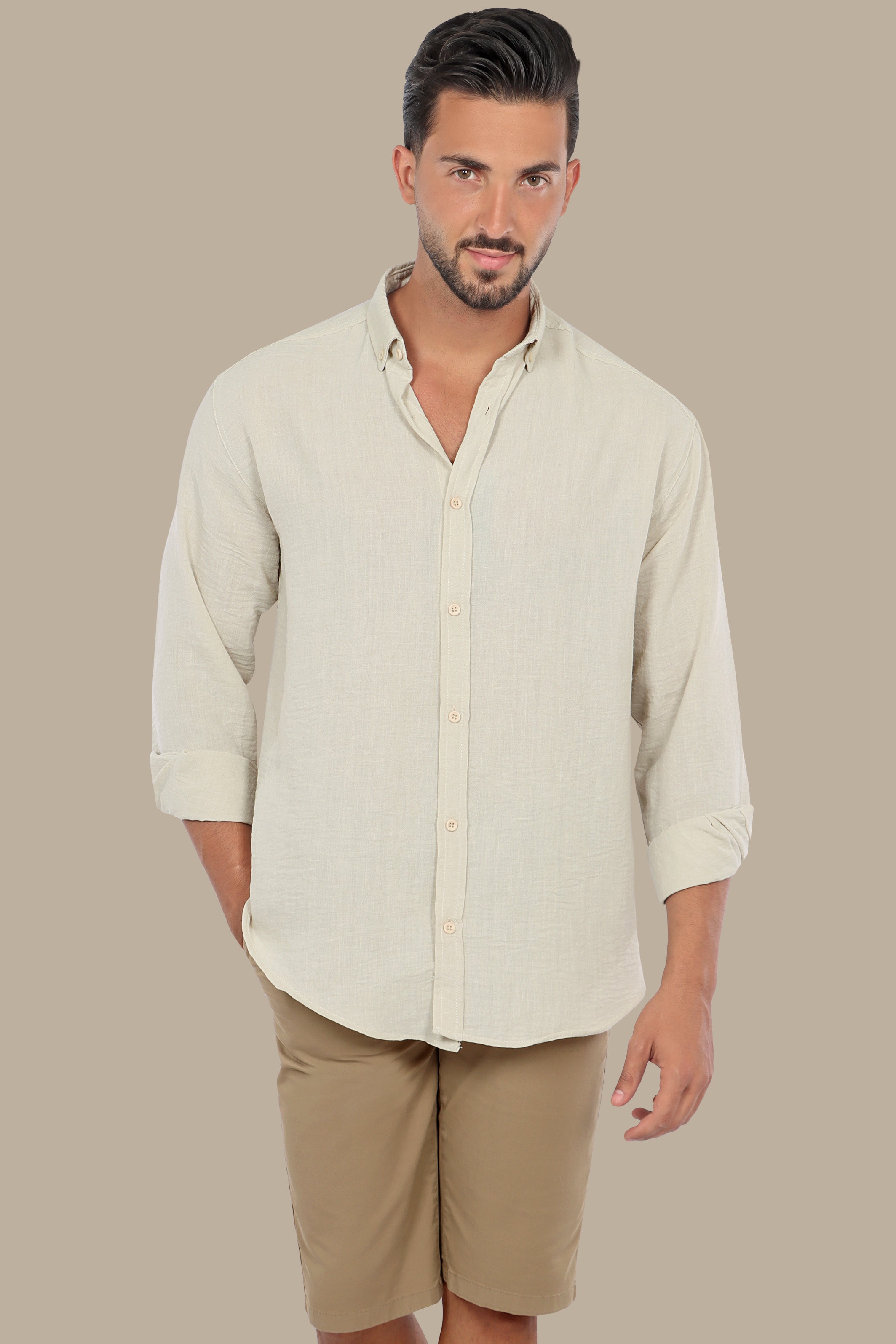 Timeless Elegance: Beige Linen Long Sleeve Button Down