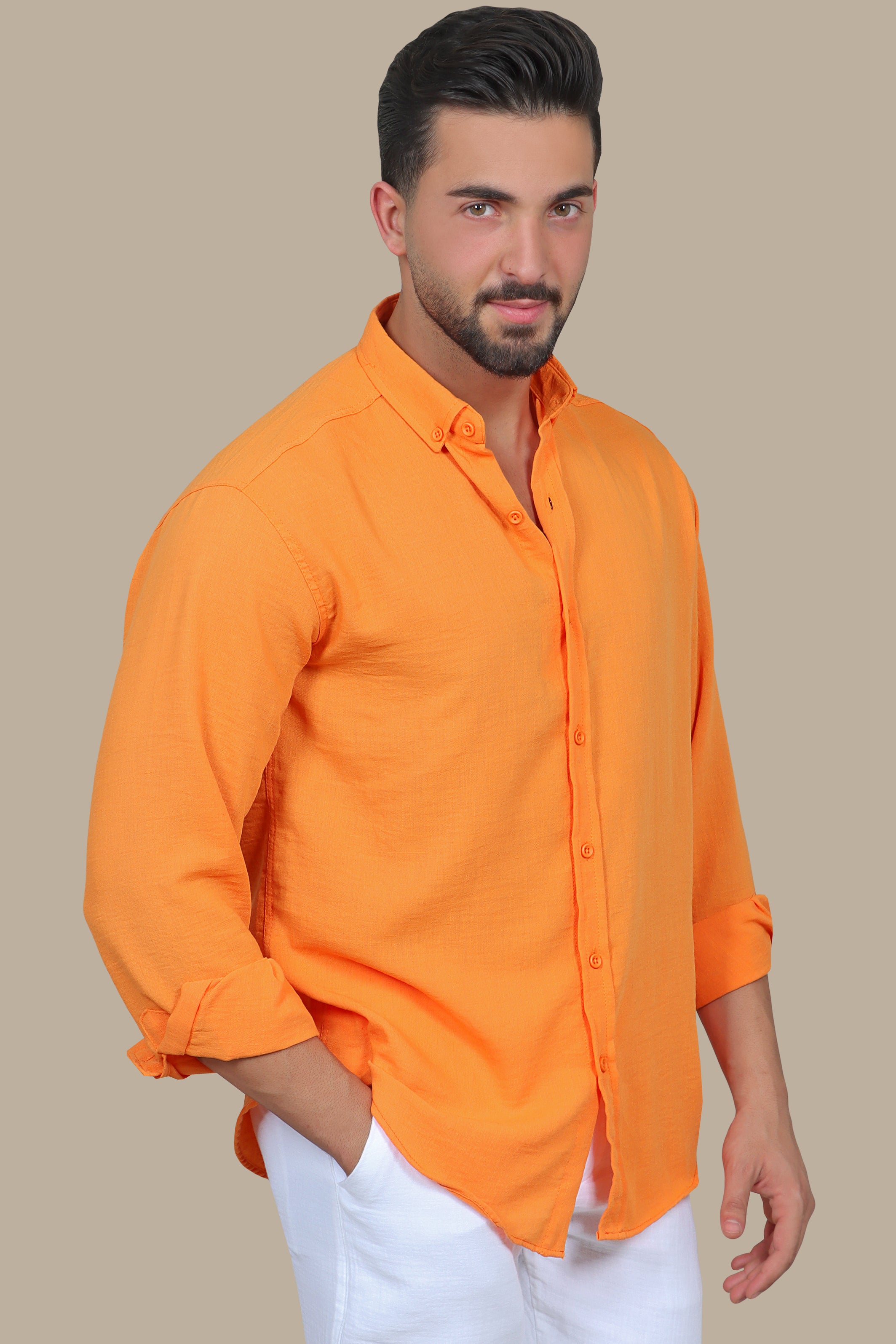 Orange Plain Button Down Linen Shirt