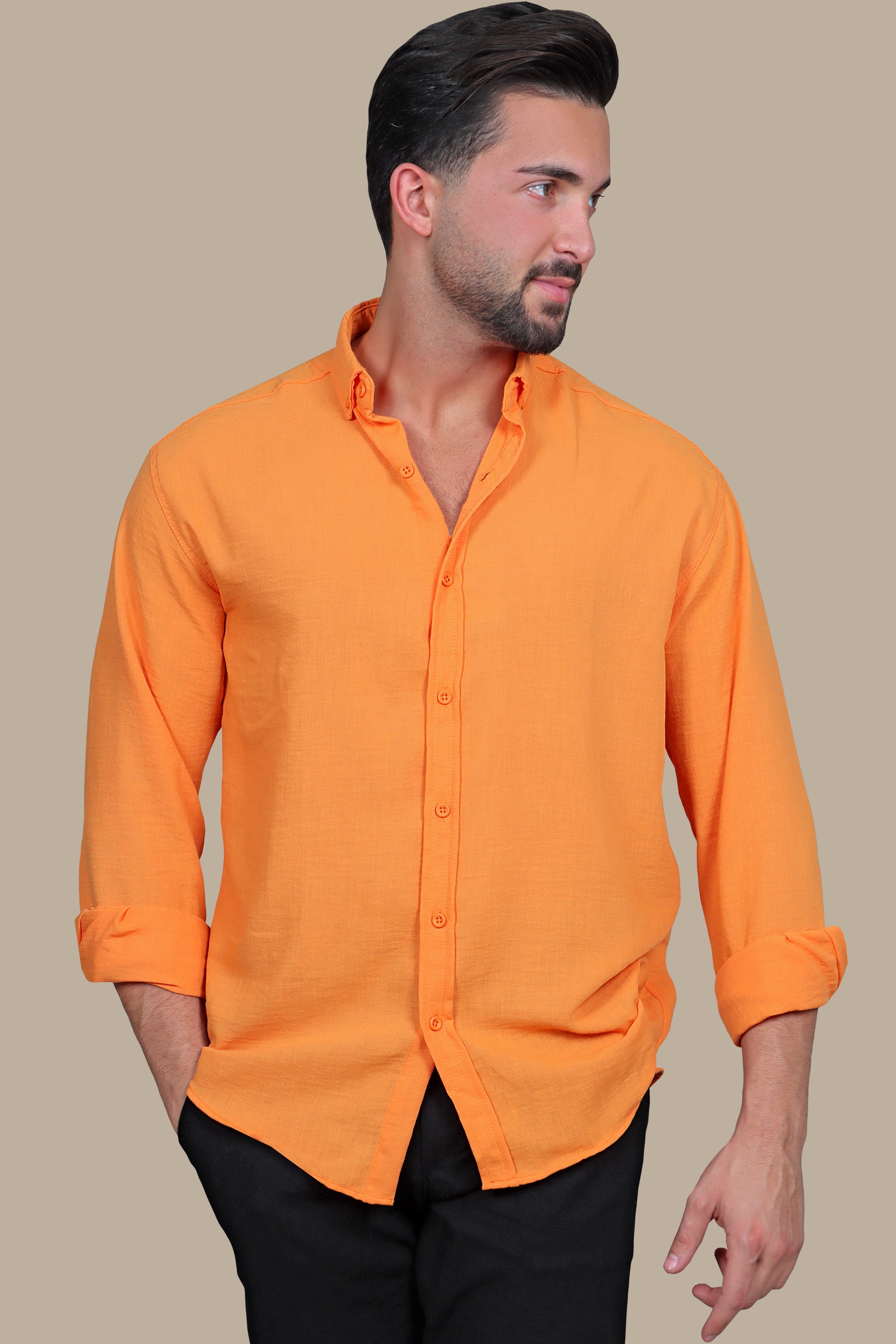 Orange Plain Button Down Linen Shirt