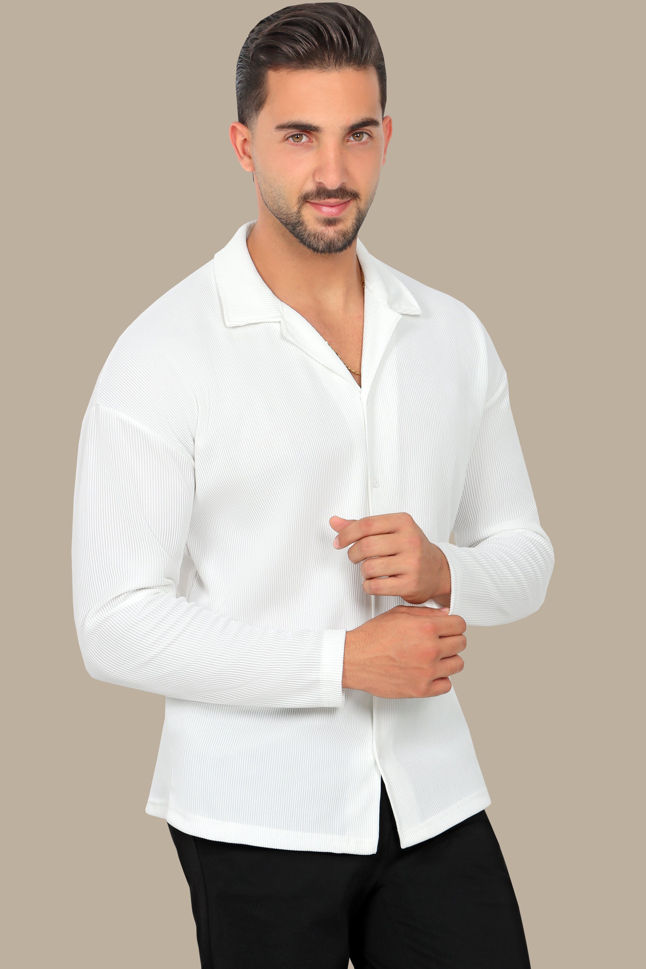 White Ribbed Plain Shirt