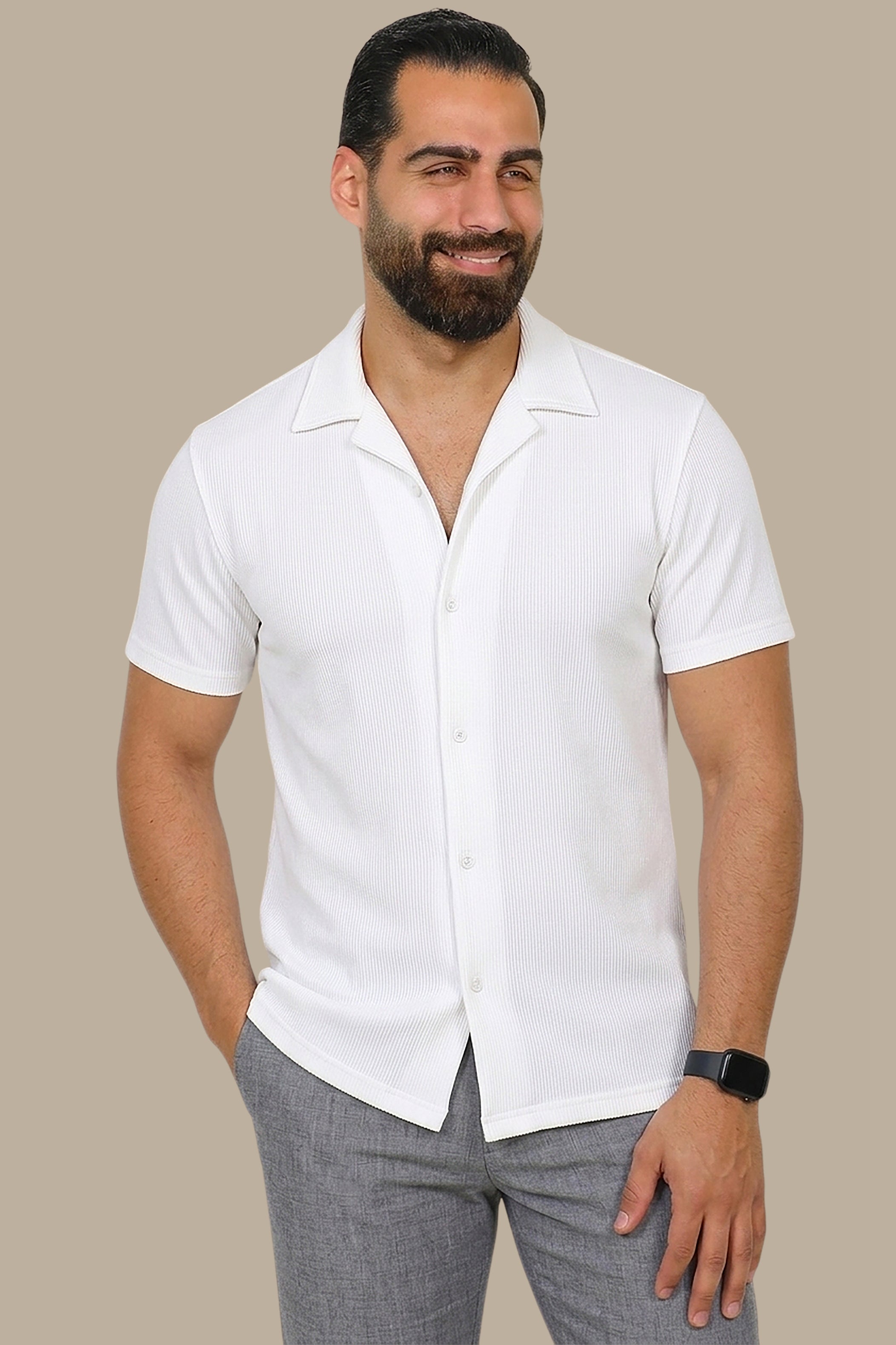 White Ribbed Plain Shirt