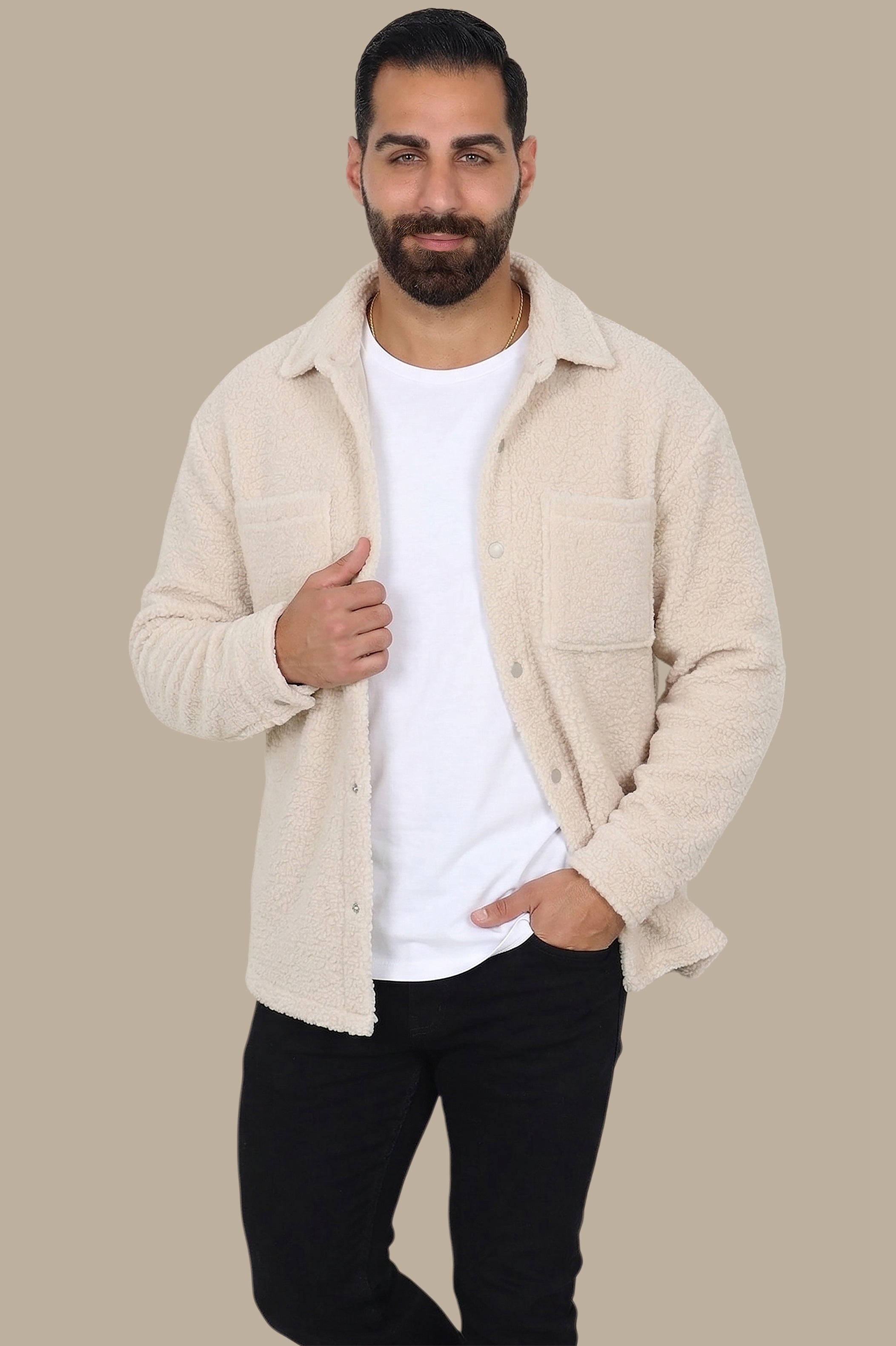 White Wool Oversized Overshirt with Two Pockets