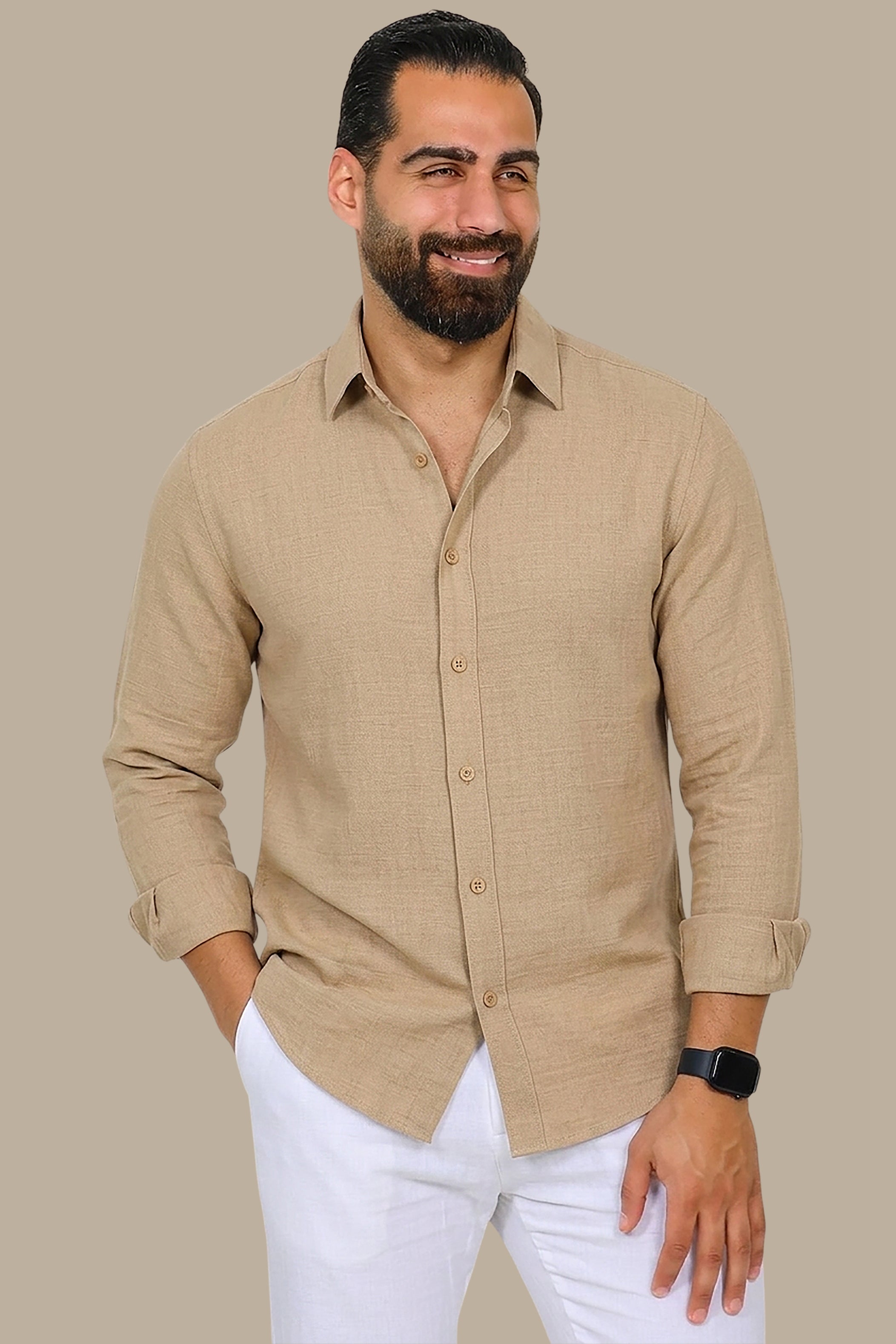 Timeless Ease: Long-Sleeve Linen Button-Down Shirt in Beige