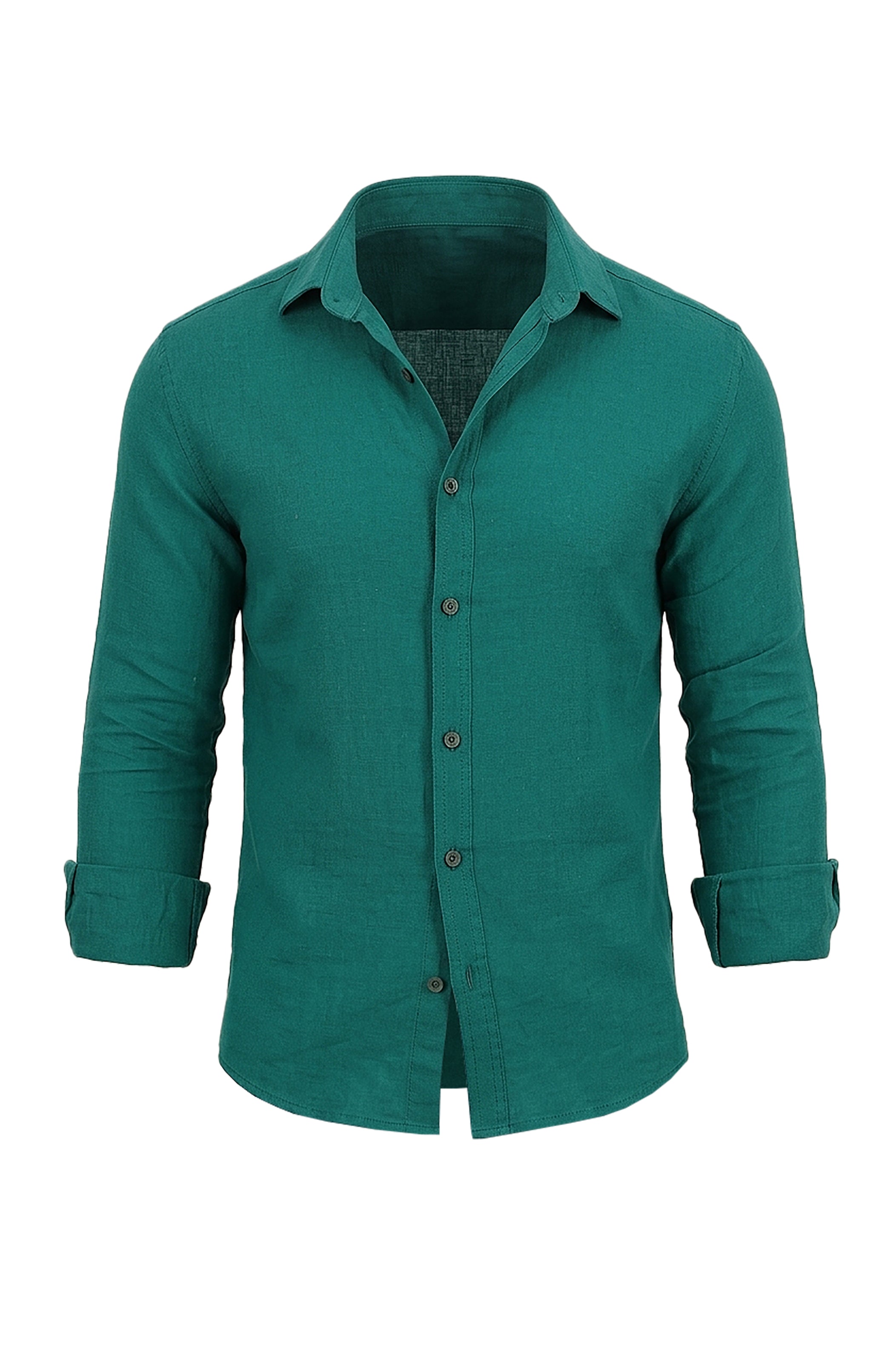 Green Linen Long-Sleeve Button-Down Shirt