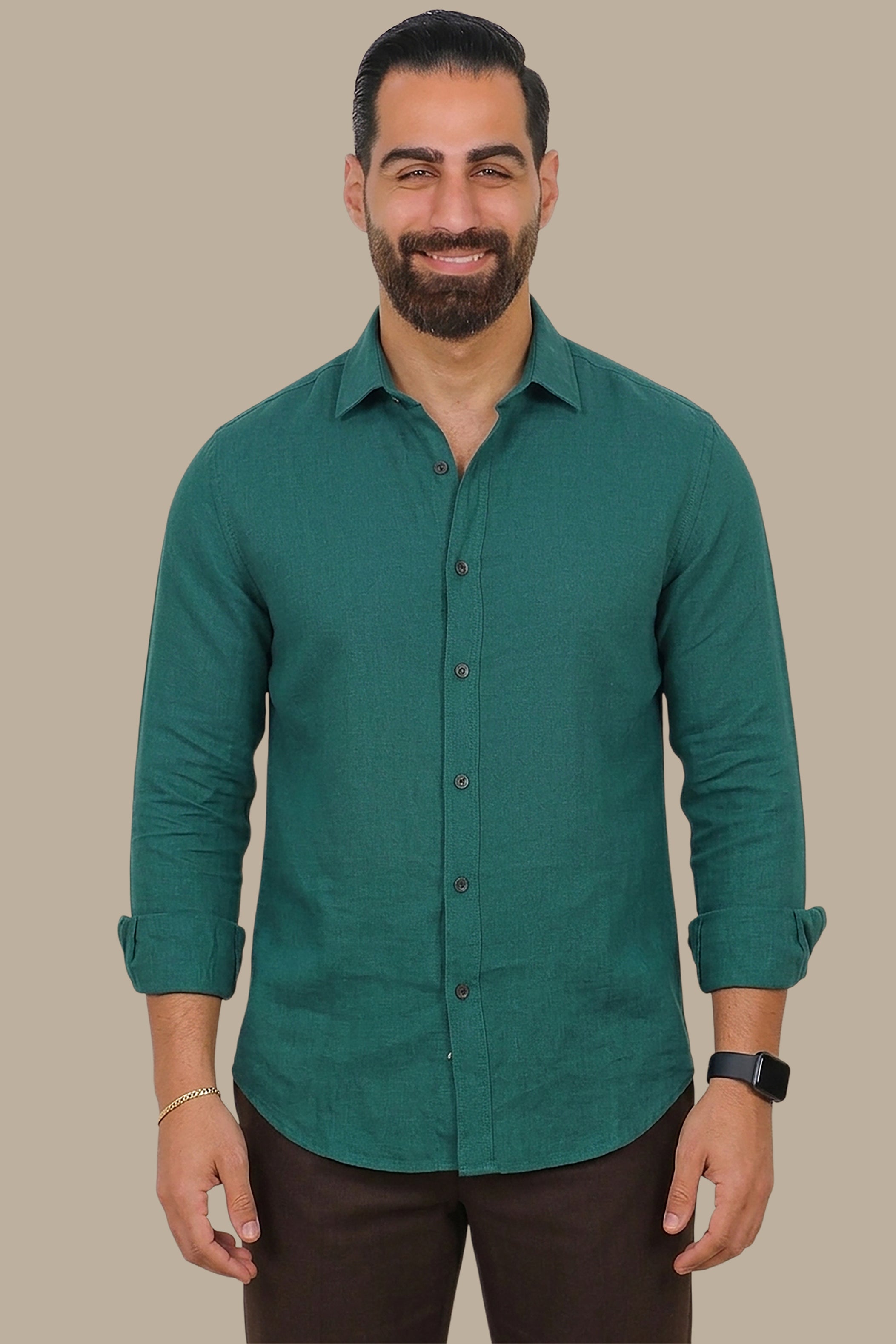 Green Linen Long-Sleeve Button-Down Shirt