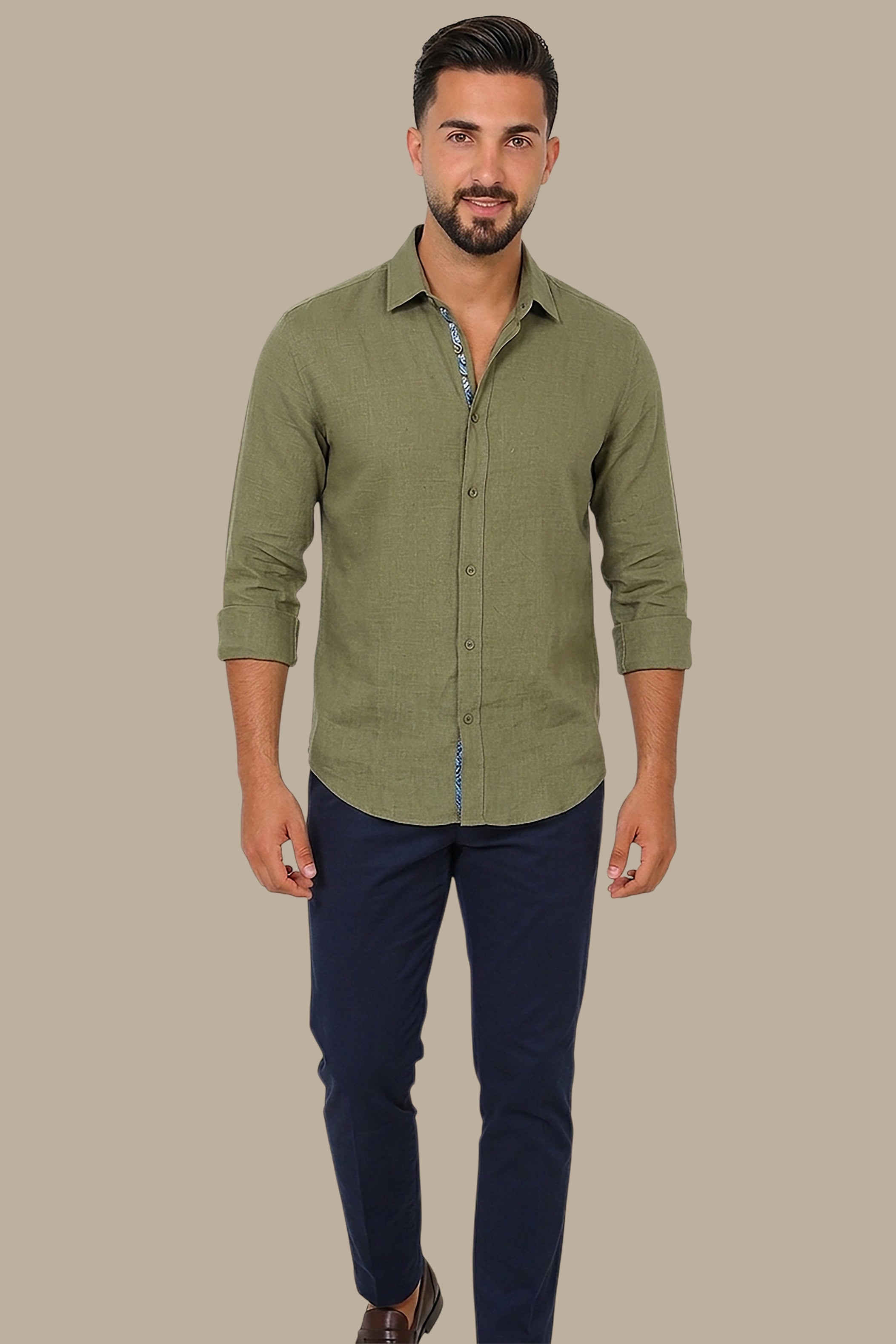 Timeless Ease: Long-Sleeve Linen Button-Down Shirt in Khaki