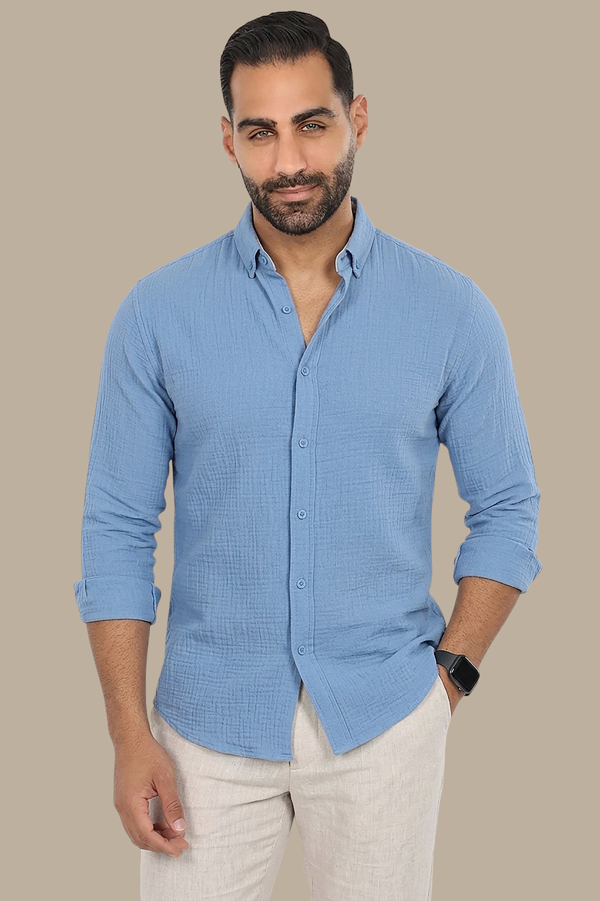 Coastal Charm: Light Blue Linen Button-Down Shirt