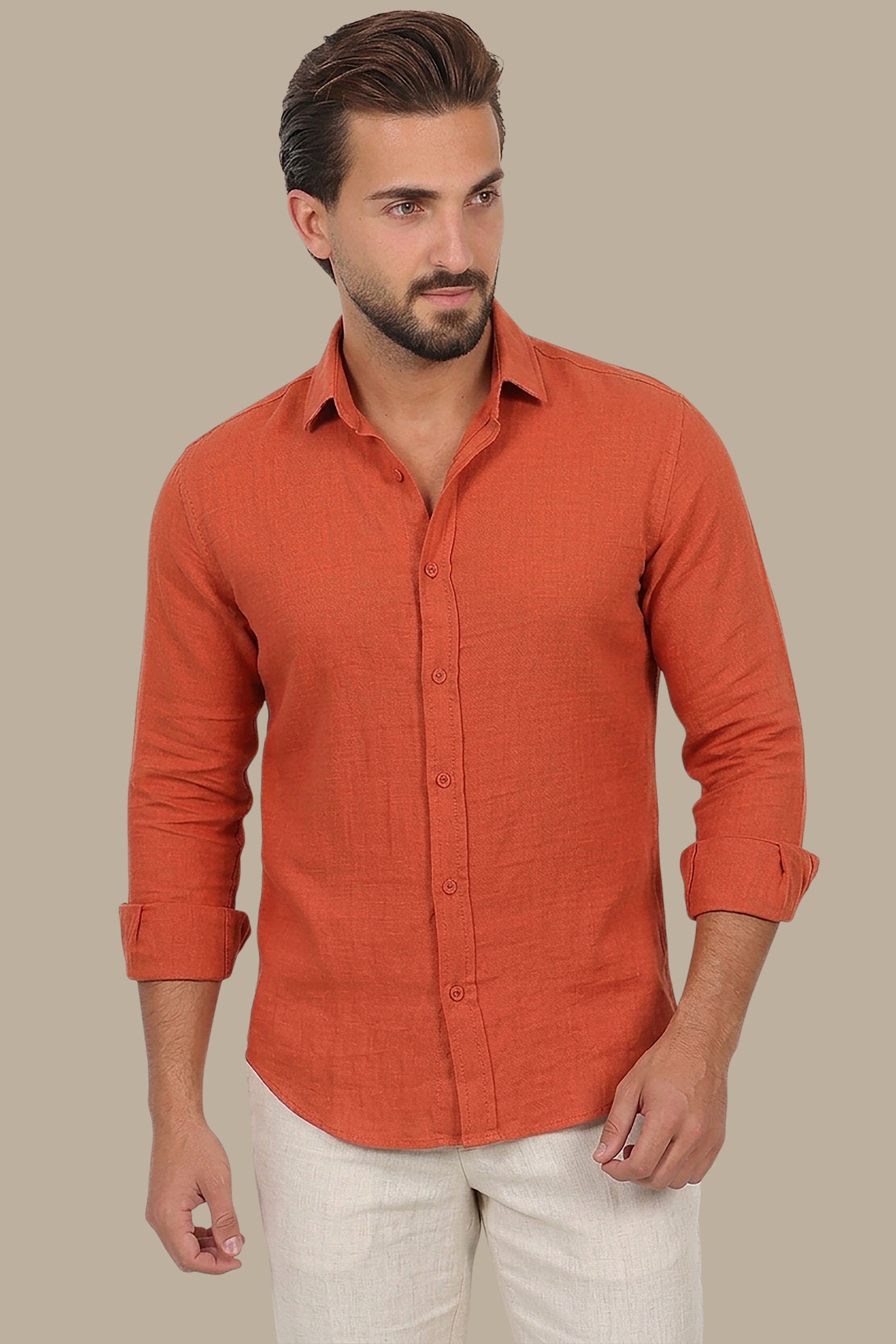 Timeless Ease: Long-Sleeve Linen Button-Down Shirt in Brick