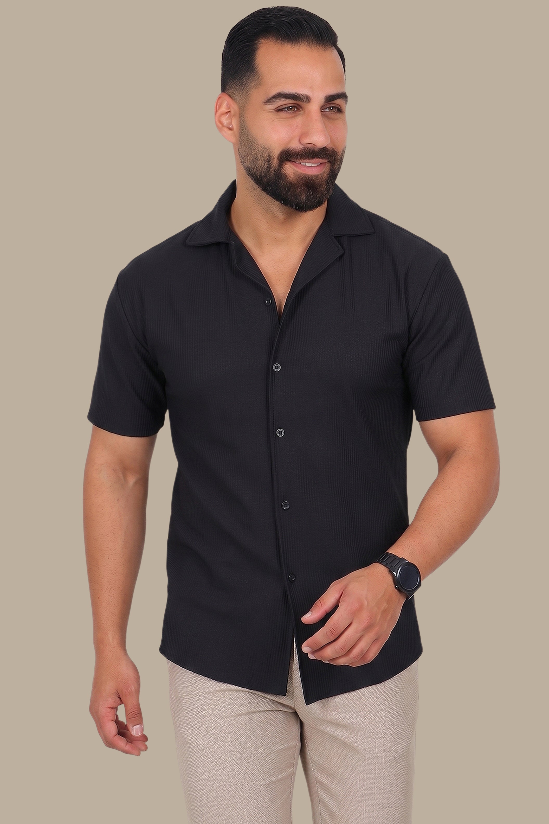 Classic Black Ribbed Short Sleeve Shirt