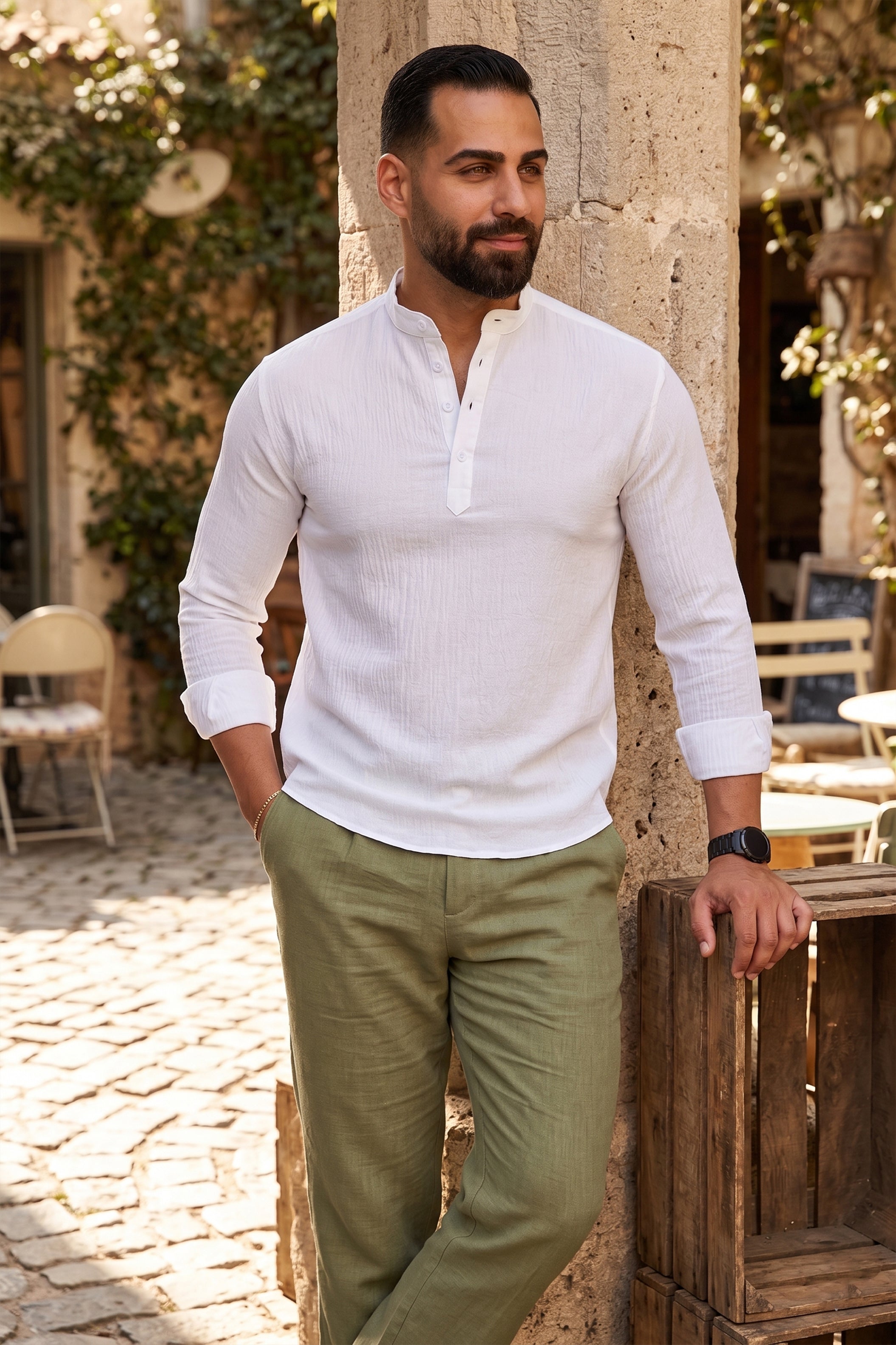 White Linen Aerobin Shirt with Chinese Neck