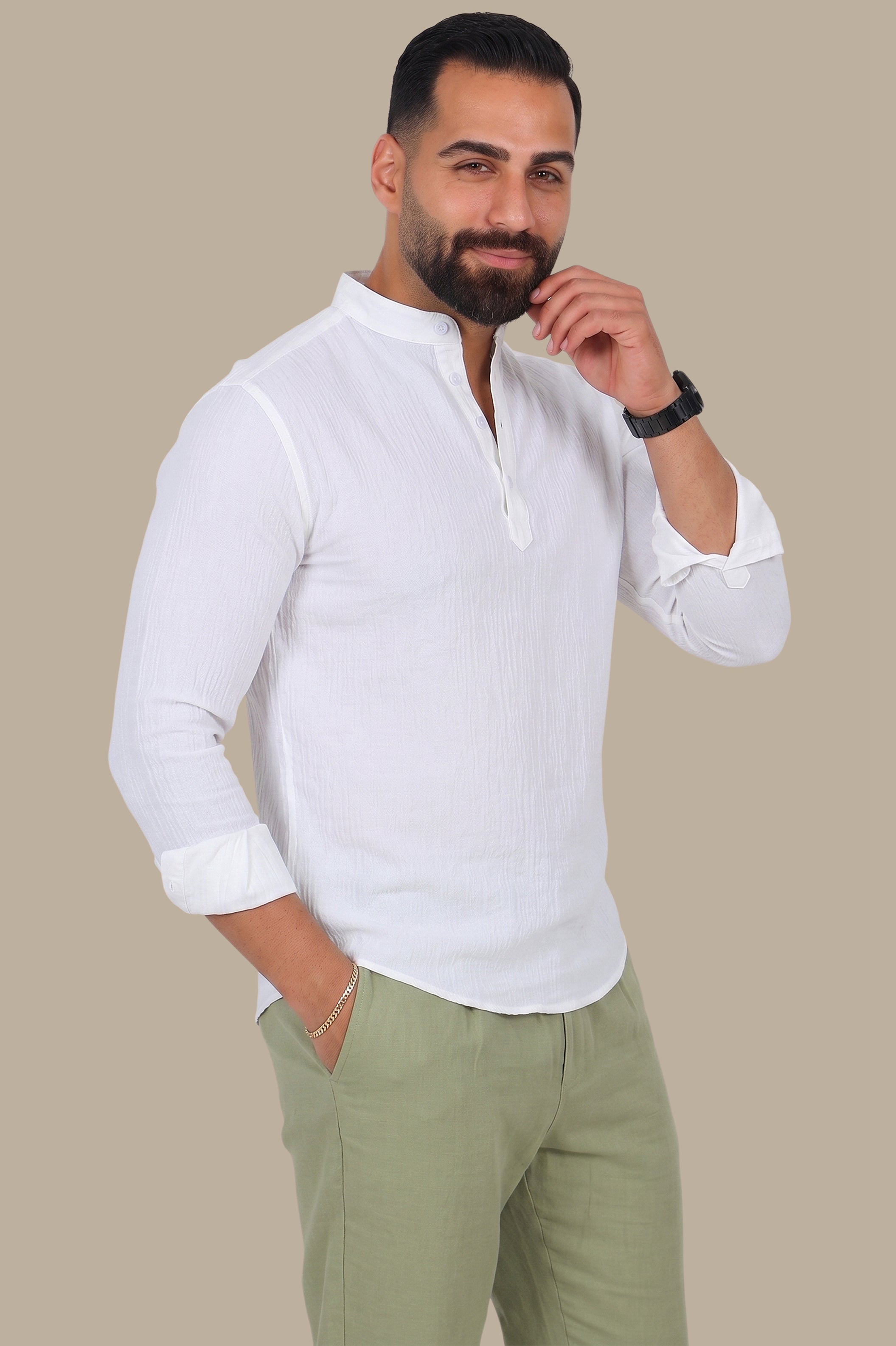 White Linen Aerobin Shirt with Chinese Neck