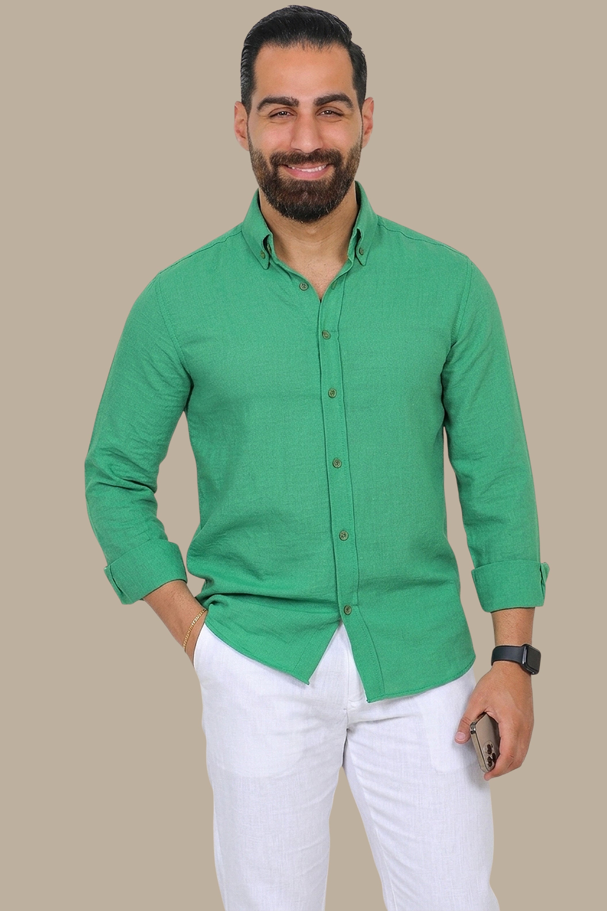 Linen Aerobin Shirt with Button Down Green