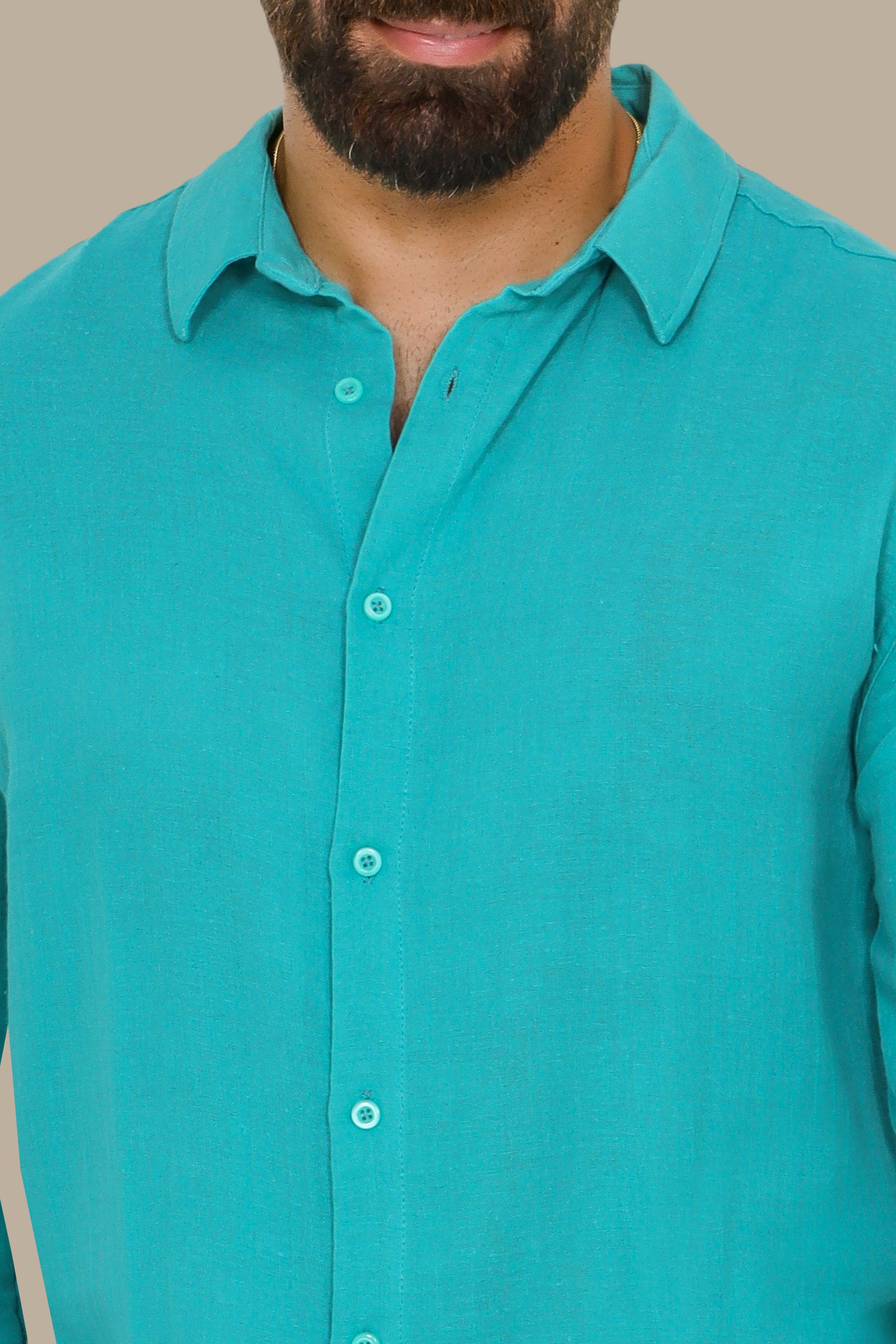 Turquoise Plain Linen Long Sleeve Shirt