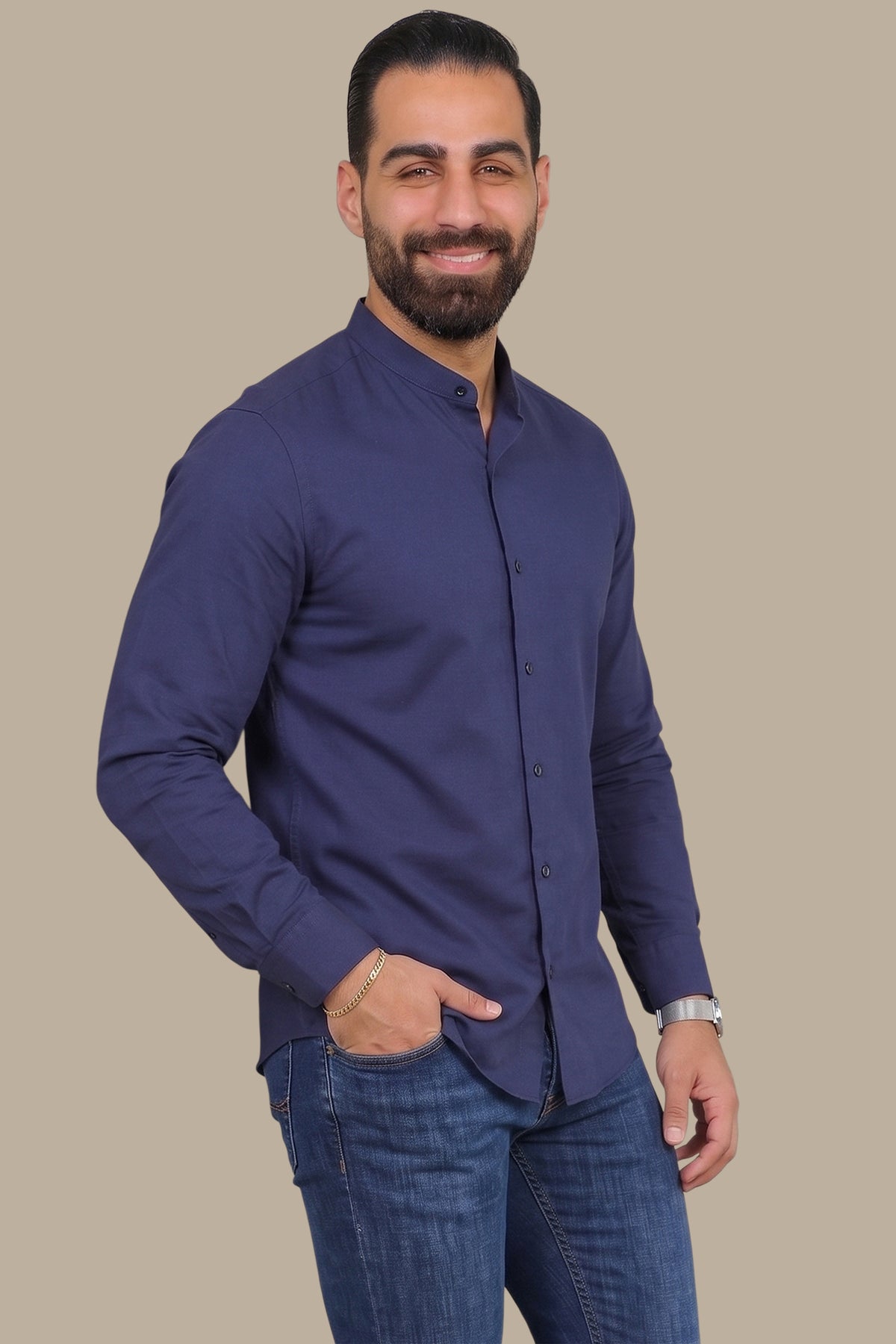 Slim Fit Poplin Mao Collar Shirt