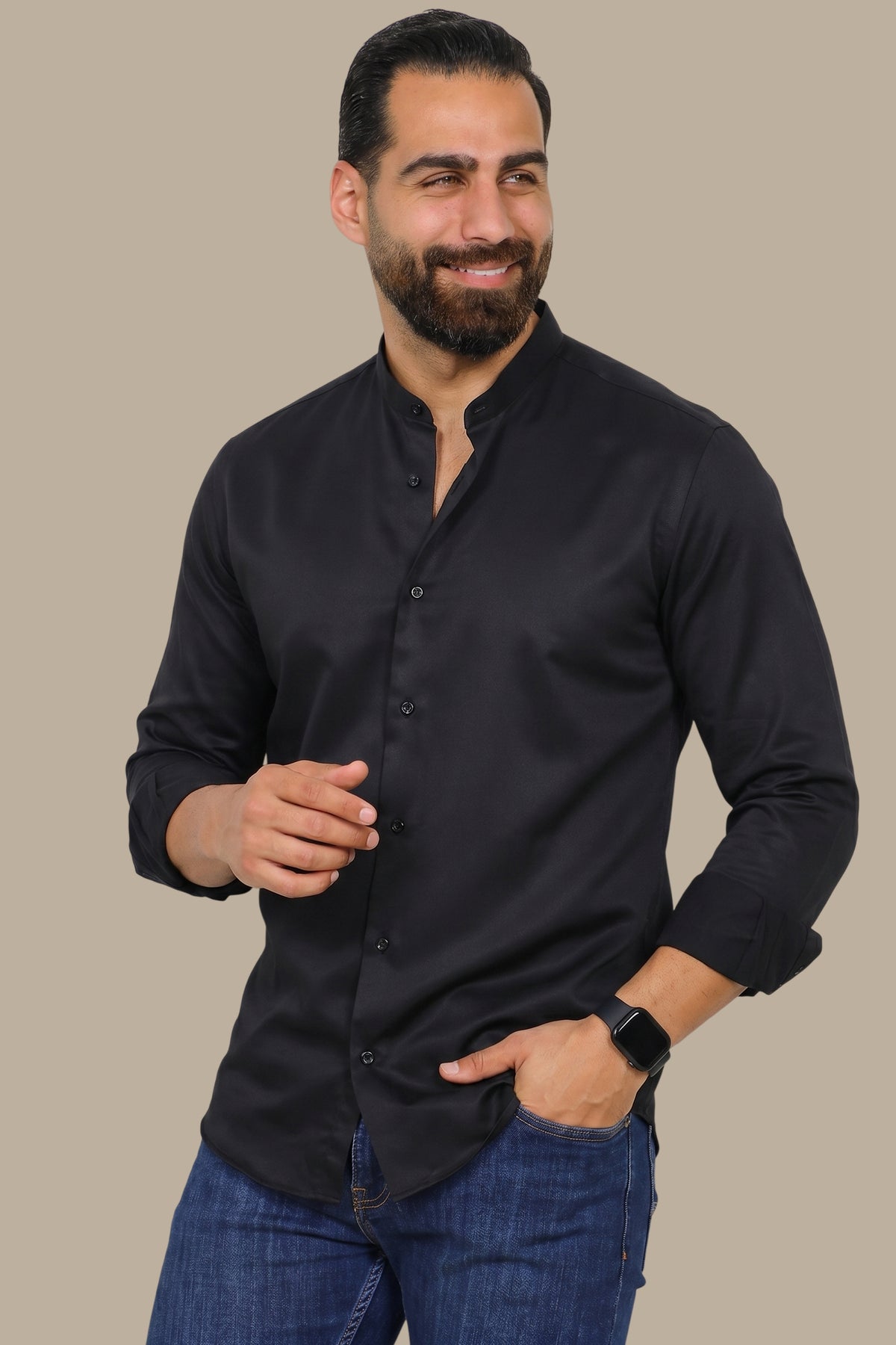 Slim Fit Poplin Mao Collar Shirt
