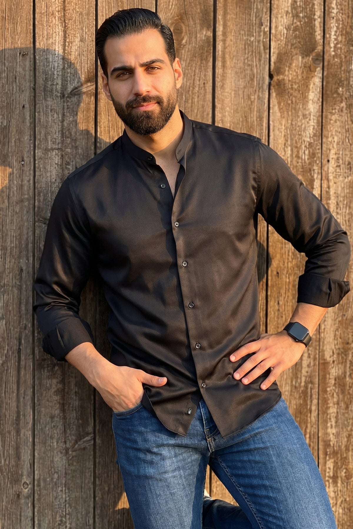 Slim Fit Poplin Mao Collar Shirt