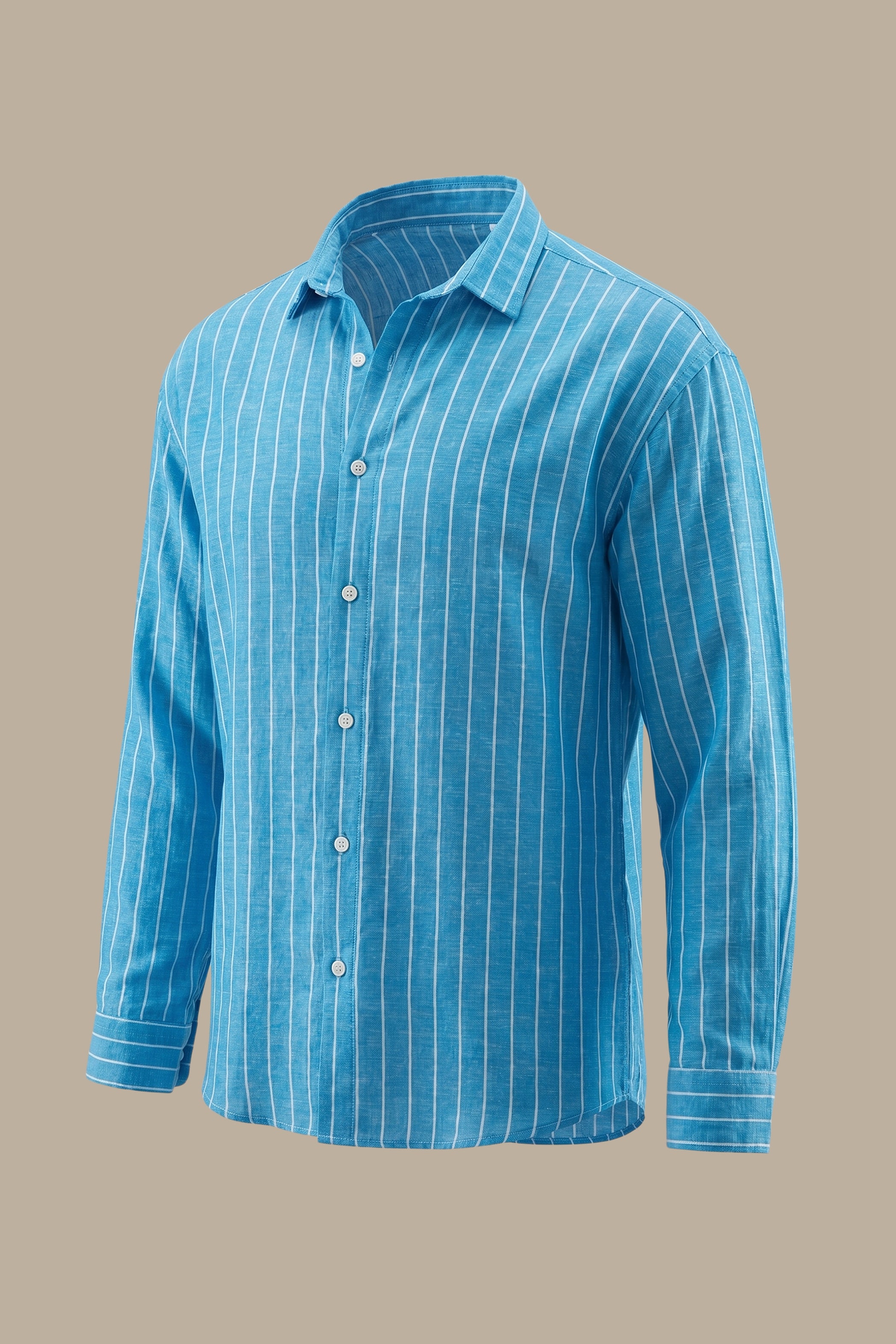 Turquoise Striped Linen Shirt with Long Sleeves