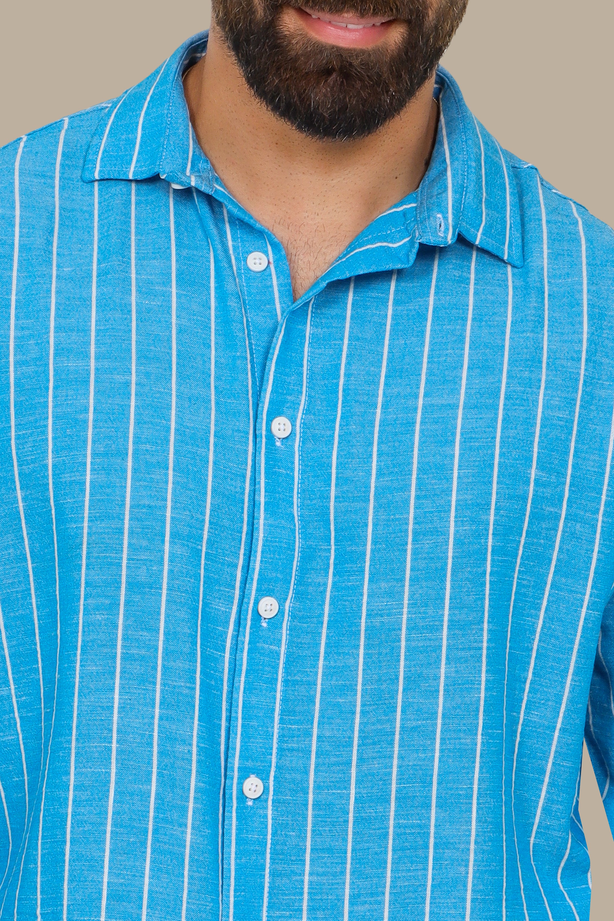 Turquoise Striped Linen Shirt with Long Sleeves