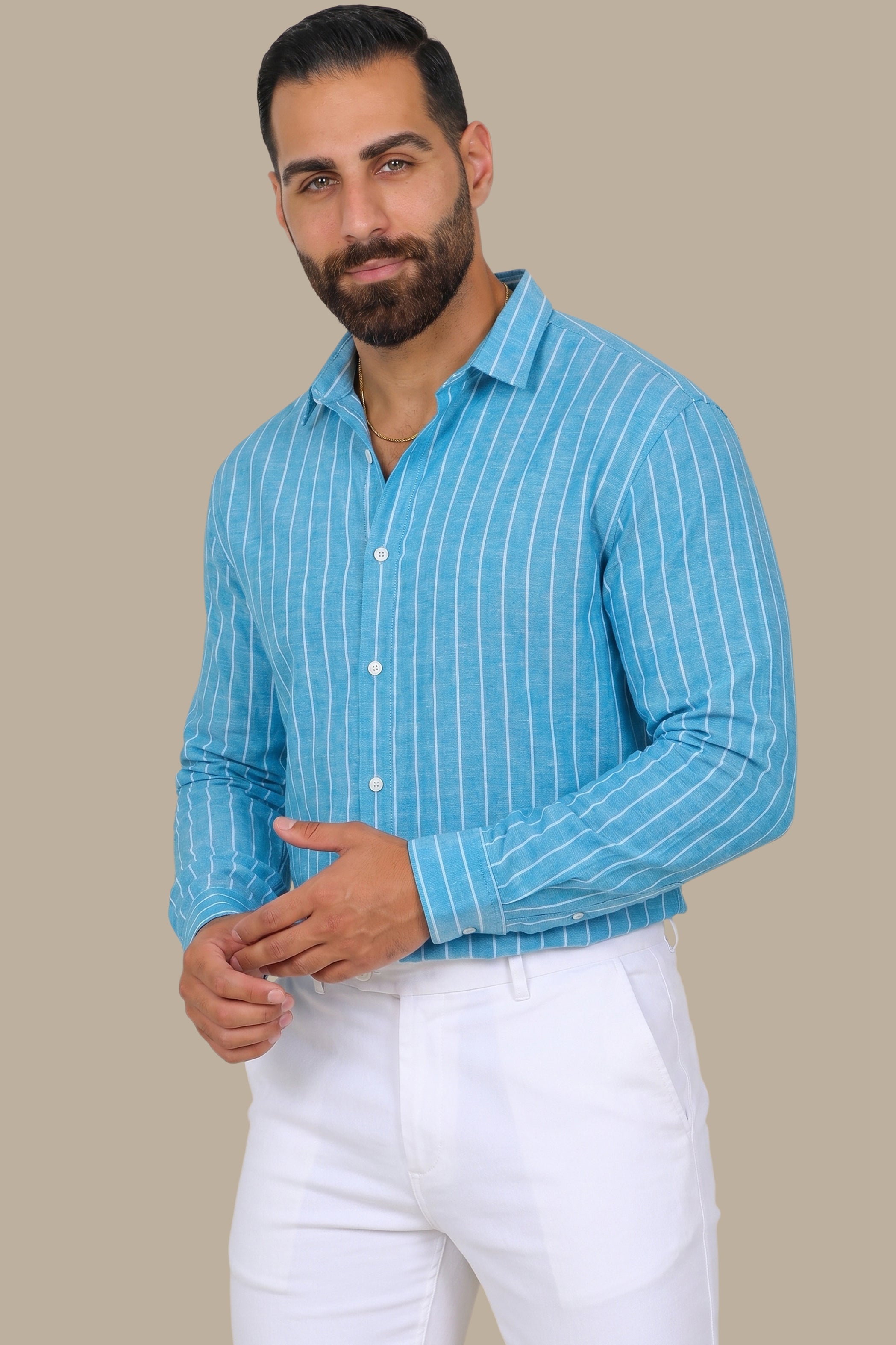 Turquoise Striped Linen Shirt with Long Sleeves
